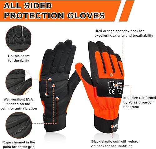 Miniatura 4 de Guantes de motosierra con protección en la parte trasera izquierda, guantes resistentes a cortes EN ISO 11393-4, CLASE 1, EN 388 4122X, CAT III,
