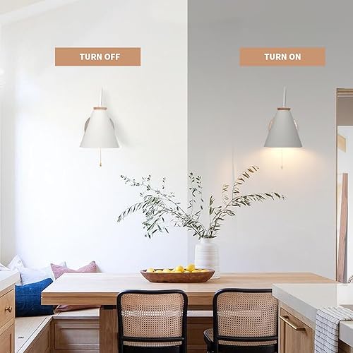 Miniatura 5 de Sehenmoyl - Lámpara de pared moderna con interruptor de cadena, lámpara nórdica de pared de 1 luz con base de madera para dormitorio, sala de