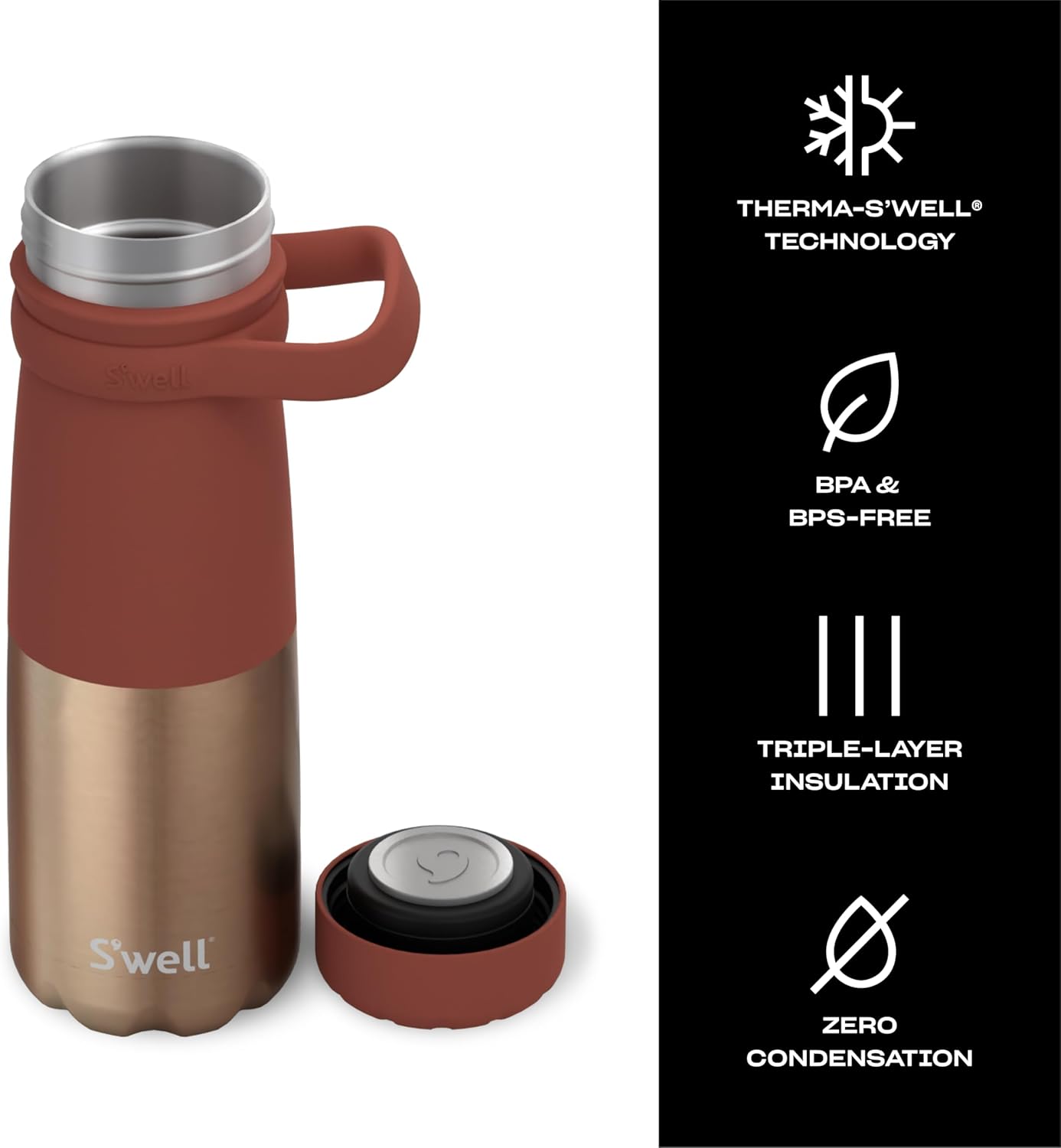 S'well Stainless Steel Traveler With Handle, 24oz, Mauve Pyrite, Triple Layered Vacuum Insulated Containers Keeps Drinks Cold for 40 Hours and Hot for 16, BPA Free, Easy Carrying On the Go - Image 3