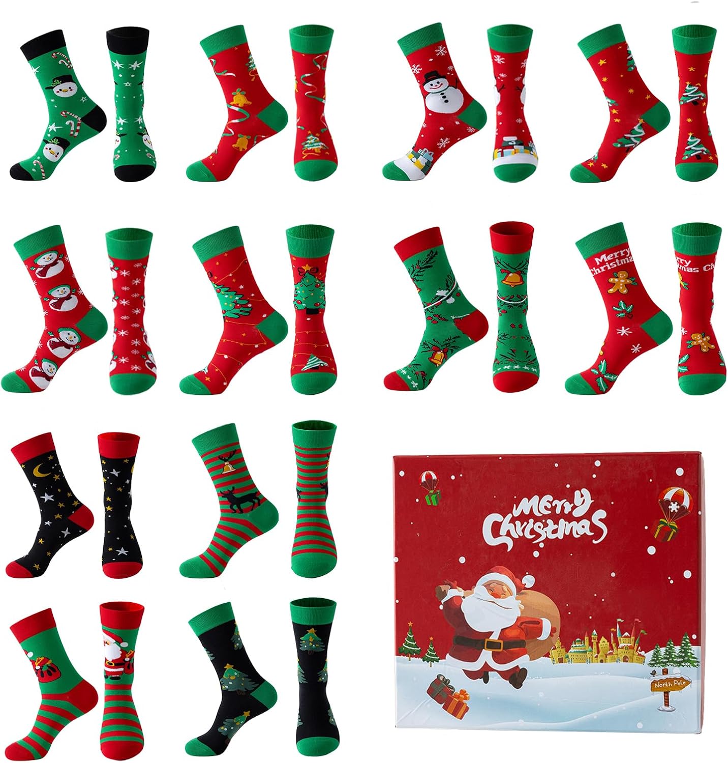 6/12 Pairs Christmas Socks with Gift box for Women Men, calf cotton socks, Novelty Crazy Cute Fun Cozy Gifts