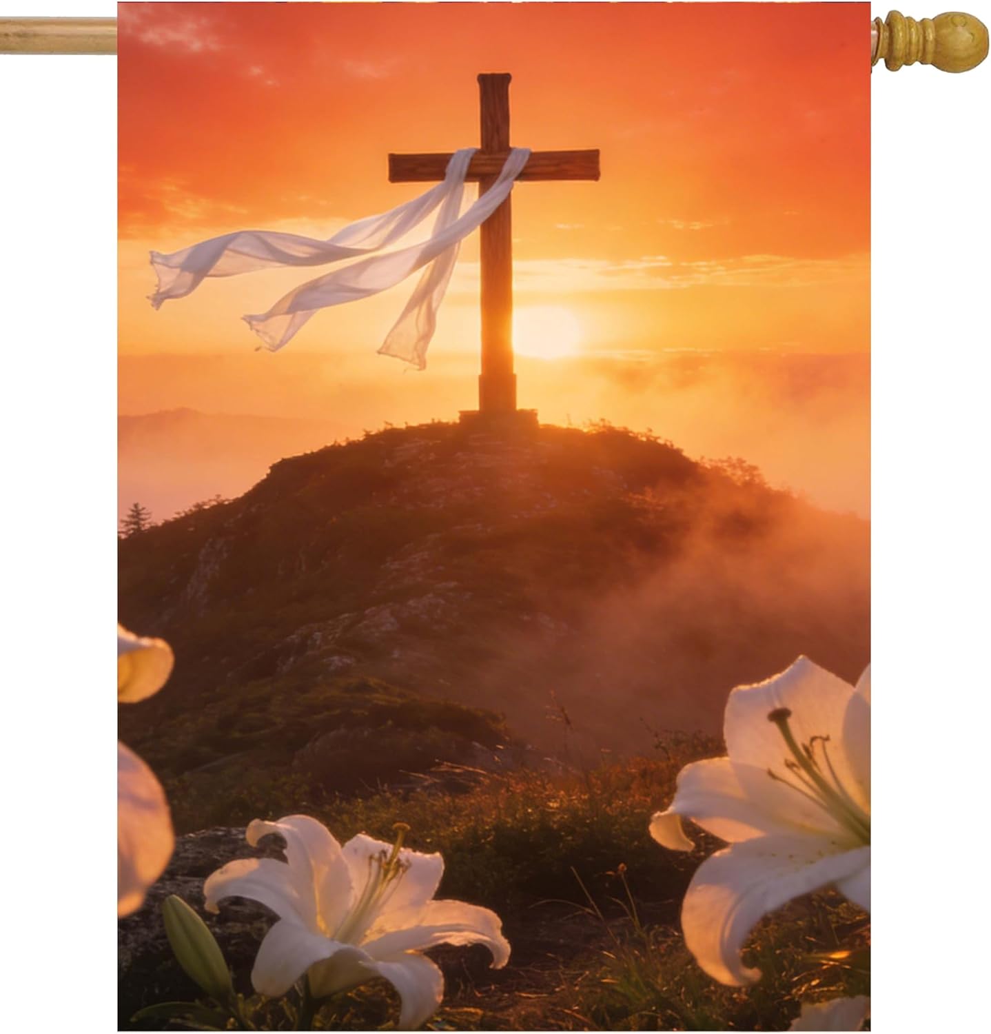 Easter Cross with Sun Rising Over A Mountain Range House Flag 28 x 40 Inch, Double Sided Large Garden Yard Welcome Flags Banners for Home Lawn Patio Outdoor Decor