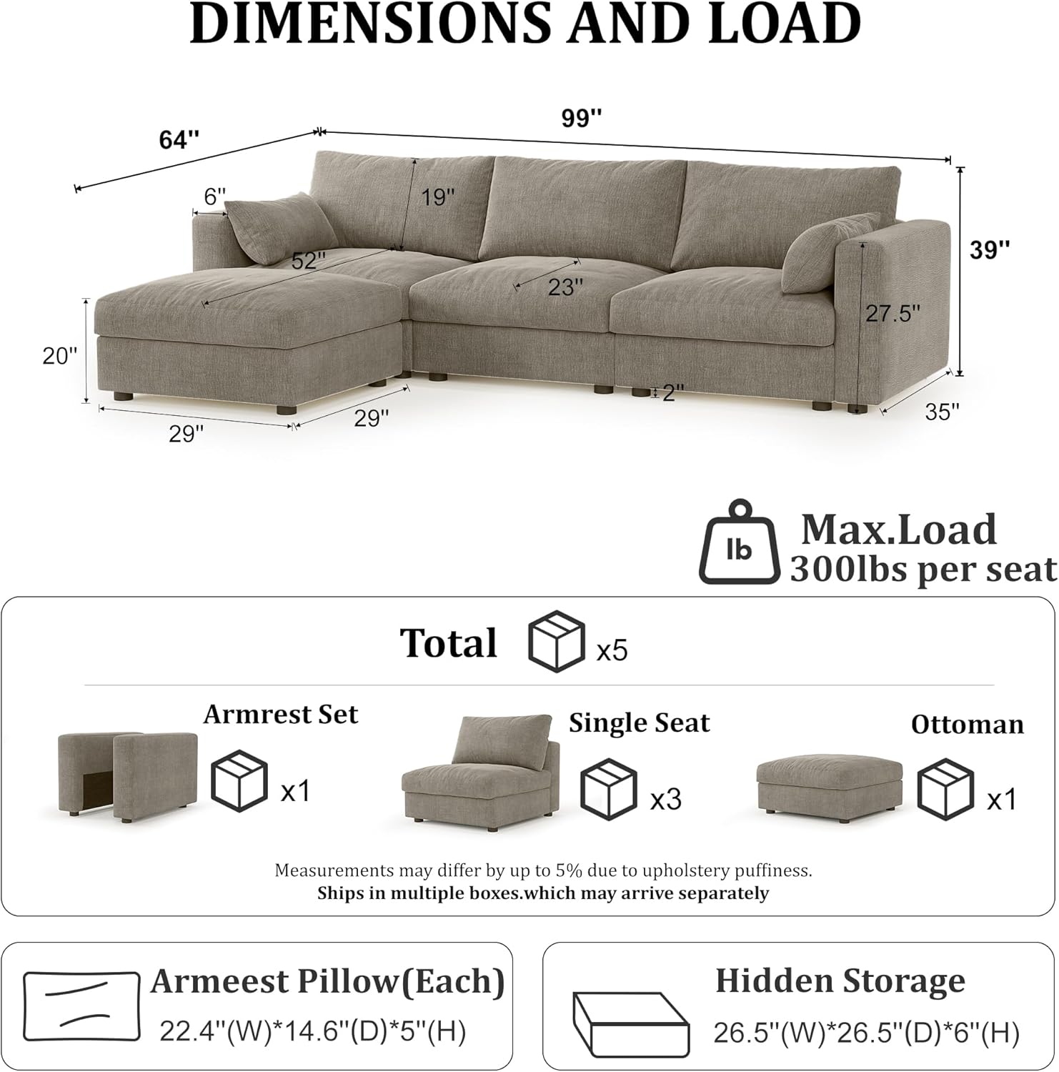 99" Cloud Modular Sectional Sofa with Storage Ottoman, L‑Shaped Couch with Chaise, 4 Seater Oversized Cloud Sofa, Chenille Fabric, Solid Wood Frame, Tool‑Free Assembly, Light Gray for Living Room