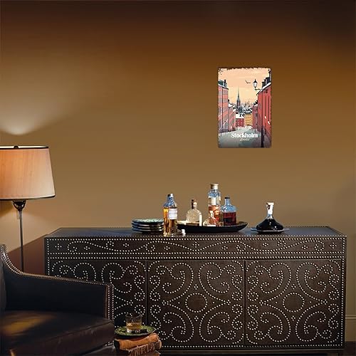 Miniatura 5 de Stockholm, Sweden Cityscape Illustration Vintage City Landscape Metal Tin Sign, Retro Travel Tin Signs Posters For Man Cave Bar Garage Car Room