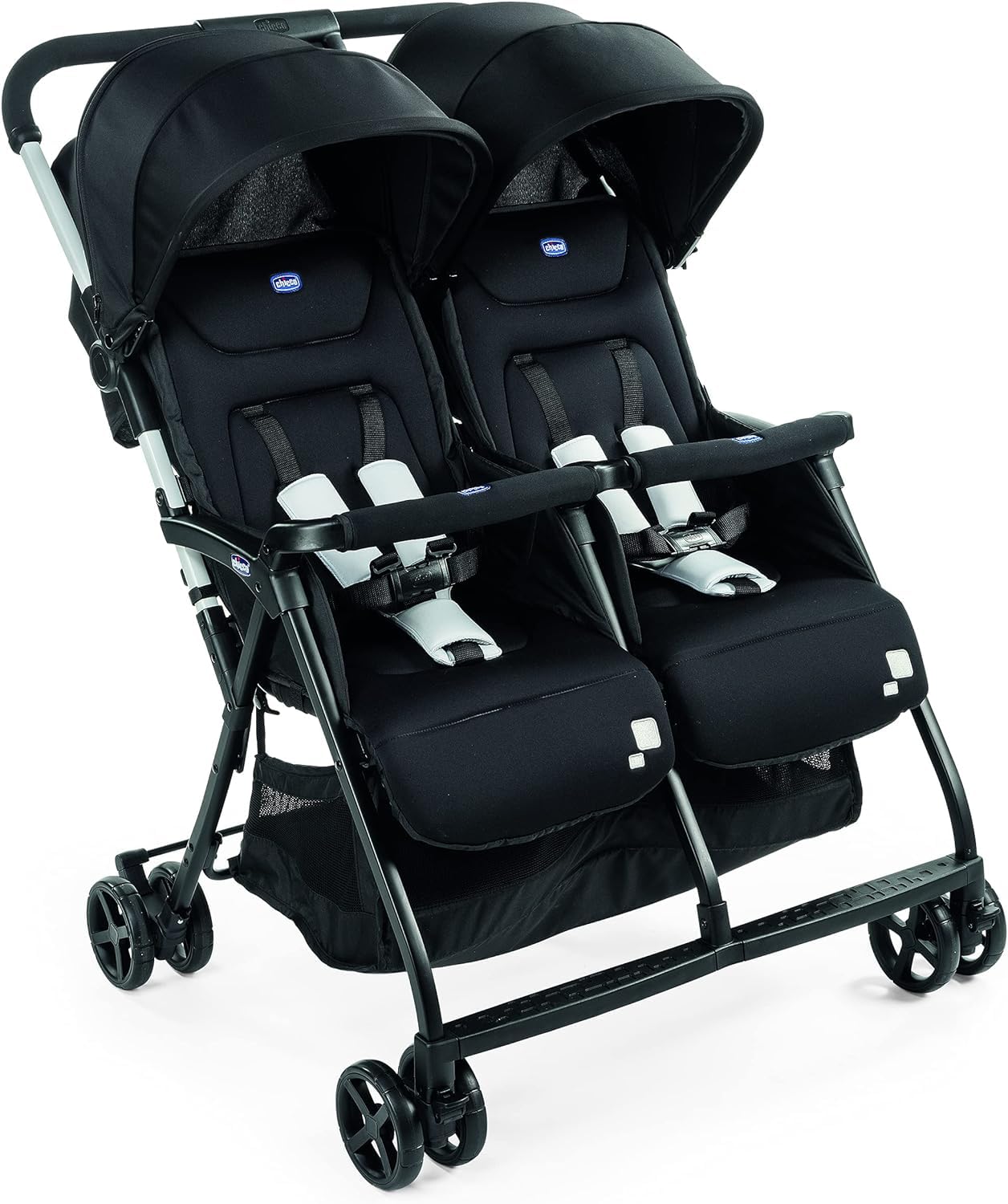 Chicco OHlalà Poussette Canne Double, Poussette pour Jumeaux de la Naissance à 15 kg, Inclus une Housse de Pluie, Capote Extensible - black night & Crochet Universel pour Poussette, Noir