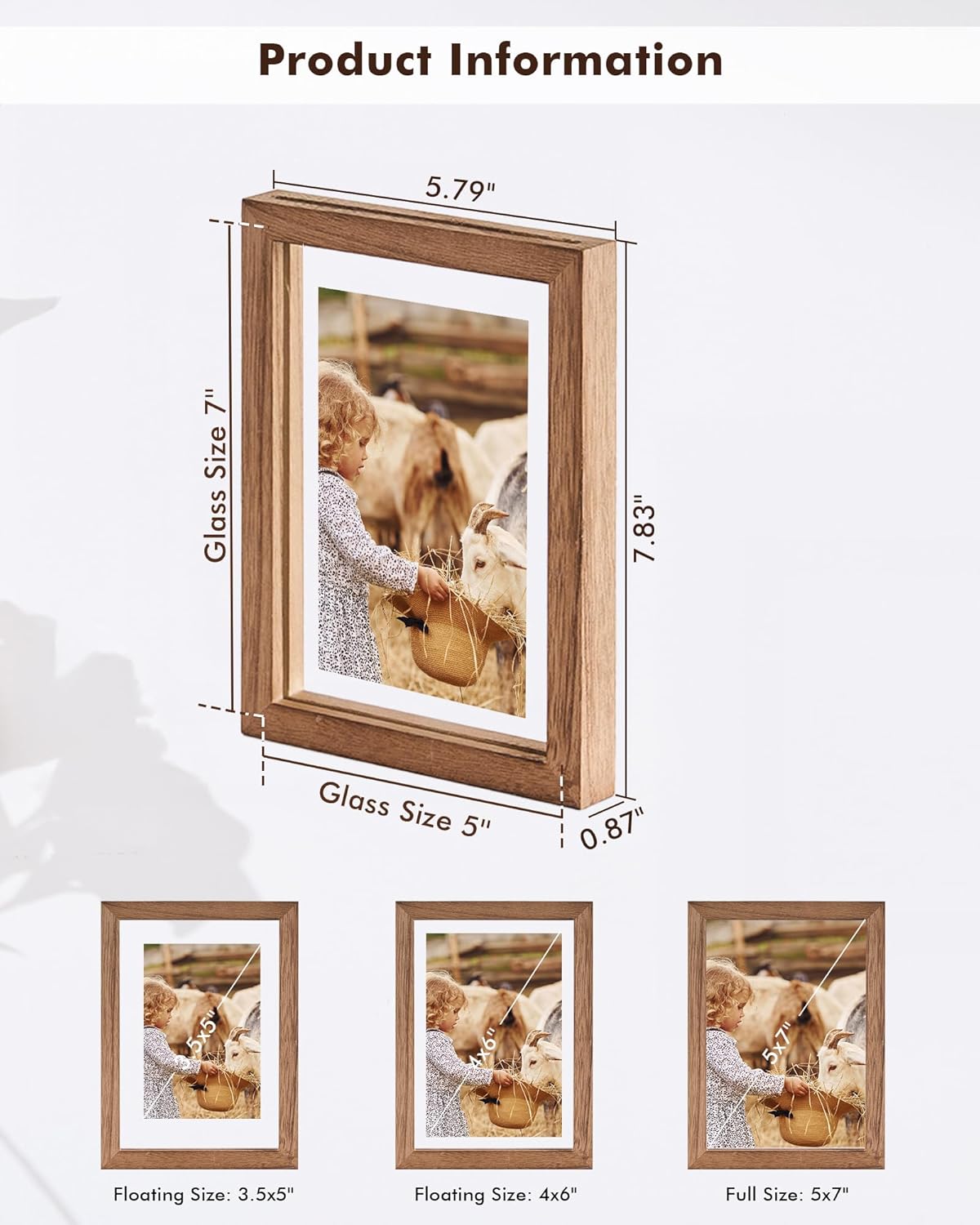 DLQuarts 5x7 Floating Picture Frames for 4x6/3.5x5 Photos, 2-Pack Solid Wood Double Polished Glass Floating Frame for Wall & Tabletop, Postcards and Any Size Photo up to 5x7 Display, Carbonized Wood