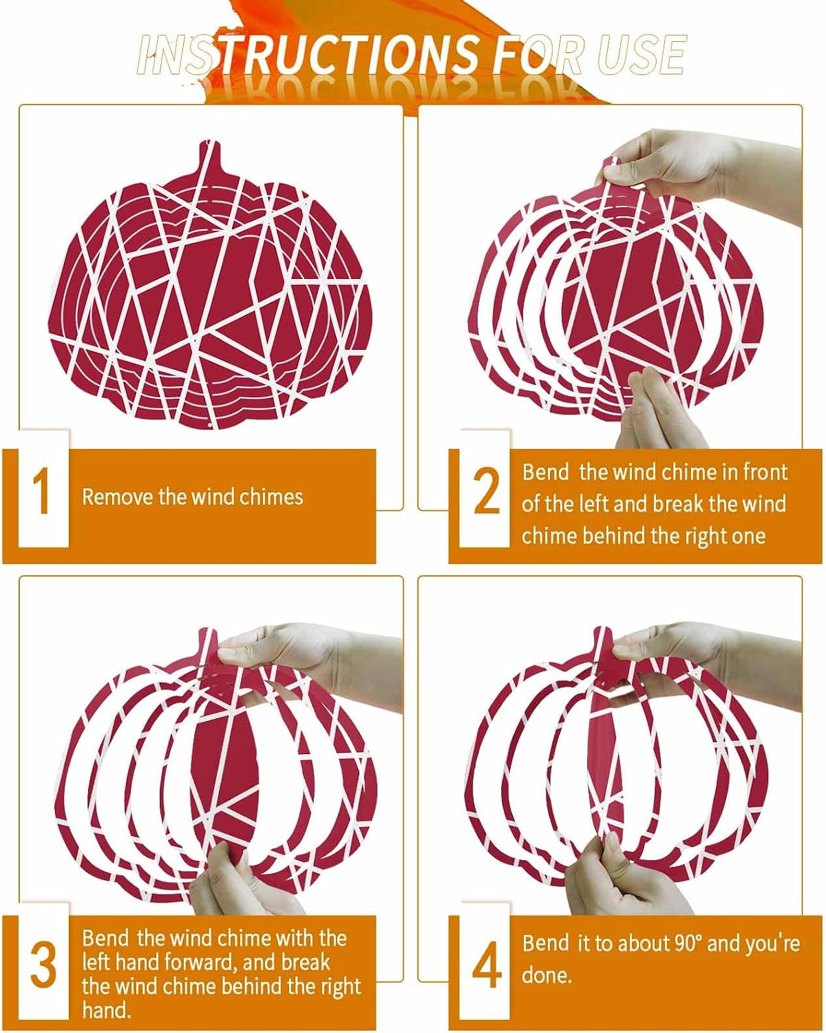 Geometric Texture Wind Spinner 3D Stainless Steel, 12 in Pumpkin Shape Double Sided Circle Hanging Wind Spinners, White Line Art Red Garden Art Wind Sculpture for Yard Porch Front Door