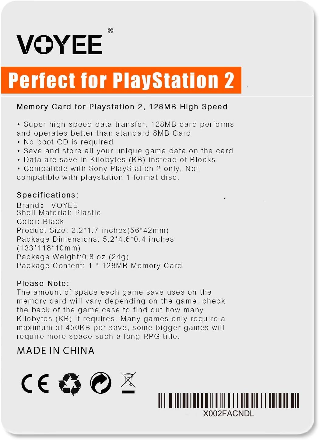 VOYEE PS2 Memory Card, 128MB High Speed Memory Card Compatible with Sony Playstation 2