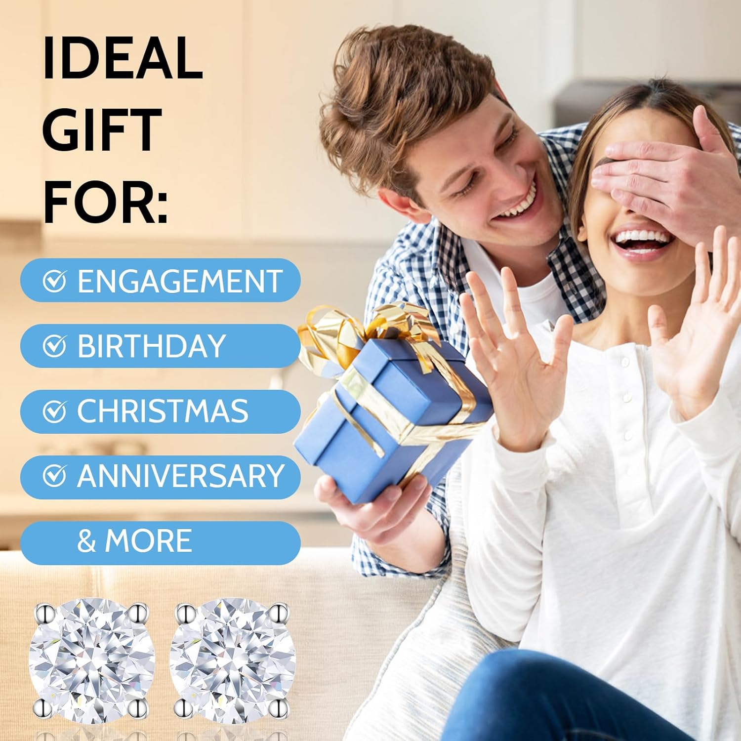 Lab Grown Diamond Stud Earrings for Women | Hypoallergenic 925 Sterling Silver | Classic 4-Prong Round Cut D Color VVS1 Clarity | Diamond | 1/4-1/2-1 Carat Grown Diamonds Stud