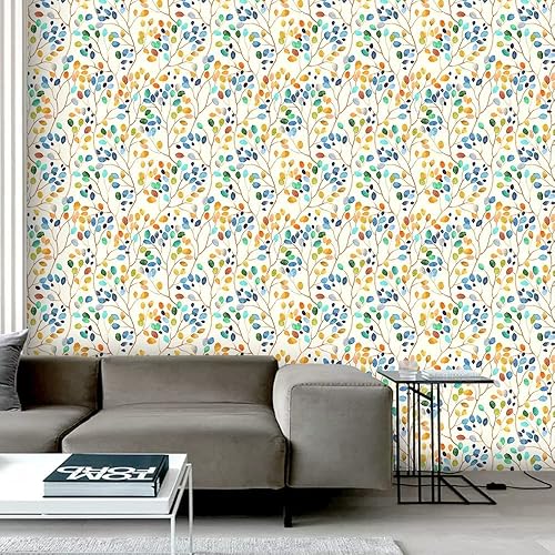 Miniatura 2 de Papel tapiz floral bohemio colorido para despegar y pegar de 17.7 x 118 pulgadas, papel de contacto de hojas beigenaranjaazulrojo, papel tapiz