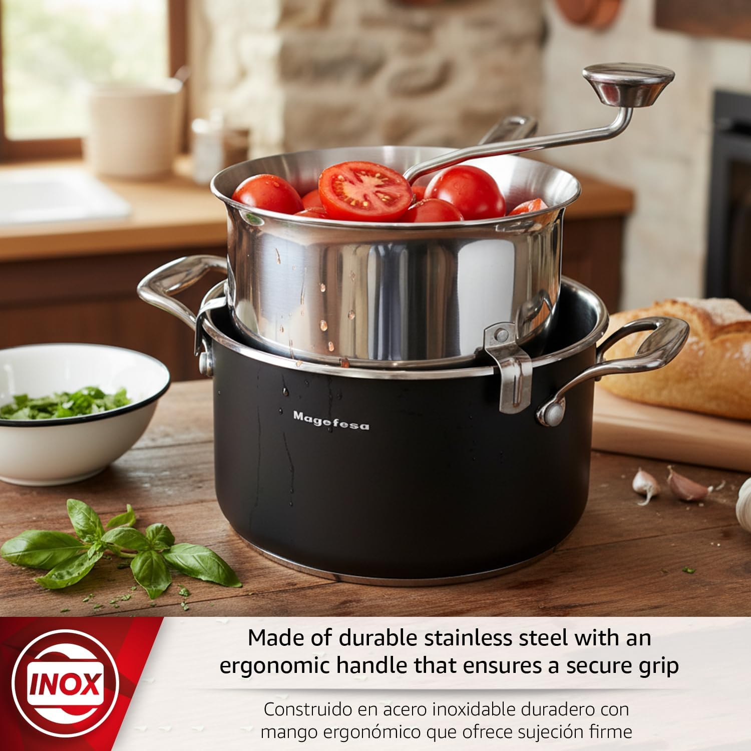Magefesa Doux Stainless Steel Food Mill, 7-Inch Rotary Food Mill with Fixed Grinding Disc for Tomato Sauce and Mashed Potatoes, Collecting Rod Base