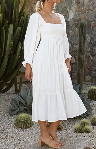 Miniatura 5 de R.Vivimos Vestido midi de algodón para mujer, manga larga, cuello cuadrado, casual, sin espalda, bohemio, para otoño