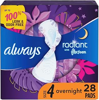 Always, Radiant With FlexFoam Pads For Women, Size 4, Overnight Absorbency With Wings, Light Clean Scent, 28 Count