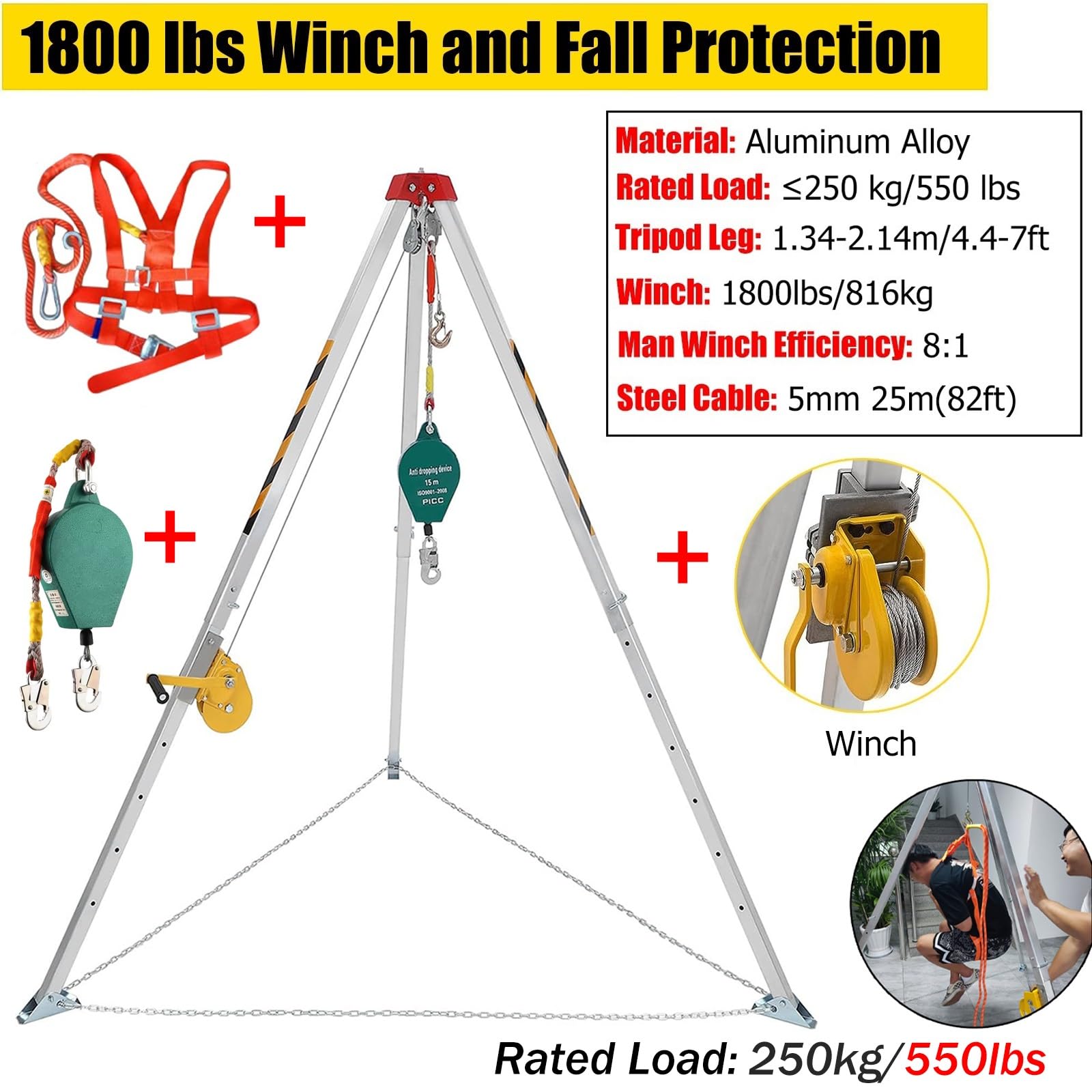 Kit treppiede di salvataggio con verricello e protezione di sicurezza per sollevamento di emergenza e operazioni in spazi confinati in cantieri edili e industriali