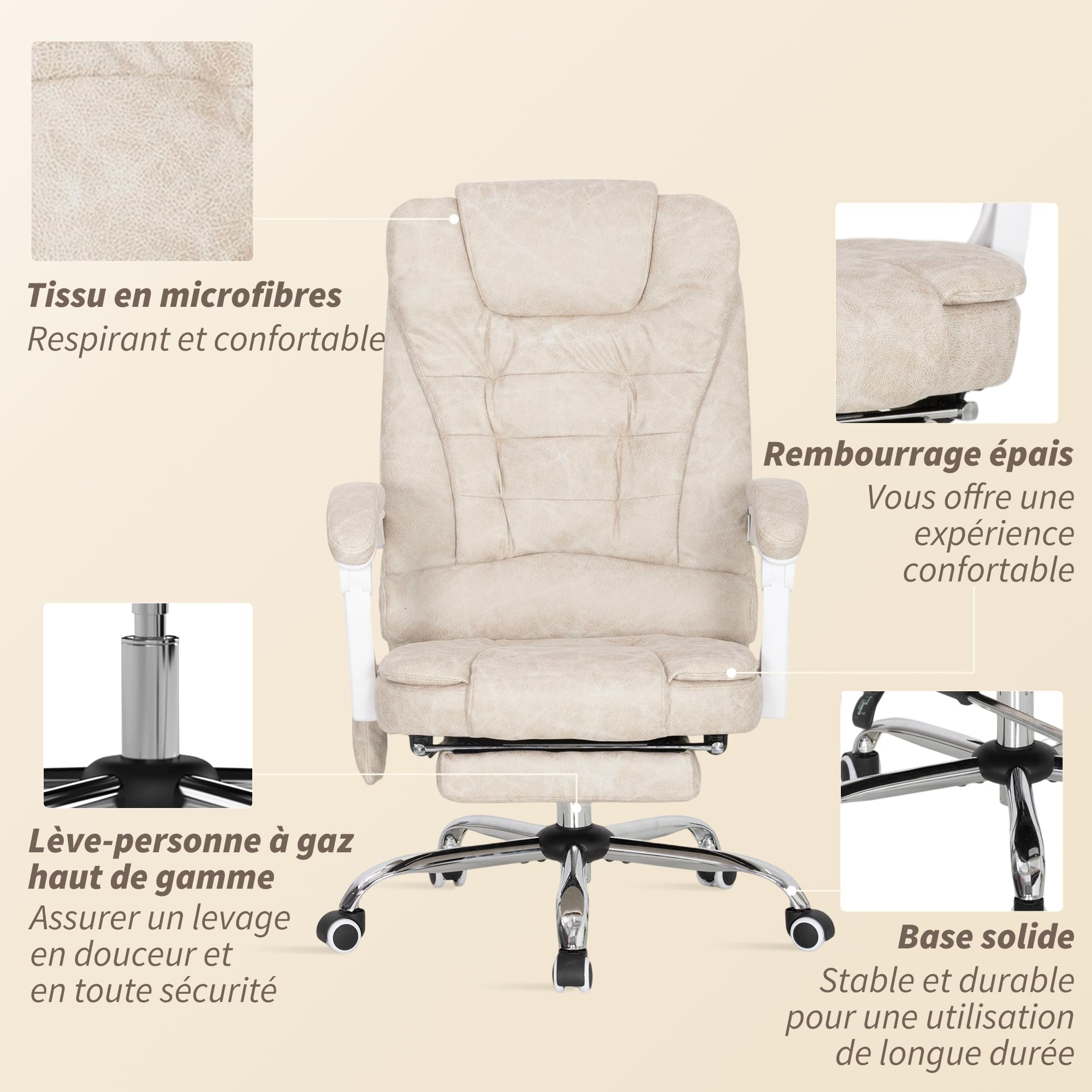 Vinsetto Poltrona da ufficio massaggiante e riscaldante, sedia da ufficio ergonomica con altezza regolabile, schienale reclinabile, poggiapiedi, telecomando cablato, girevole a 360°, tessuto in
