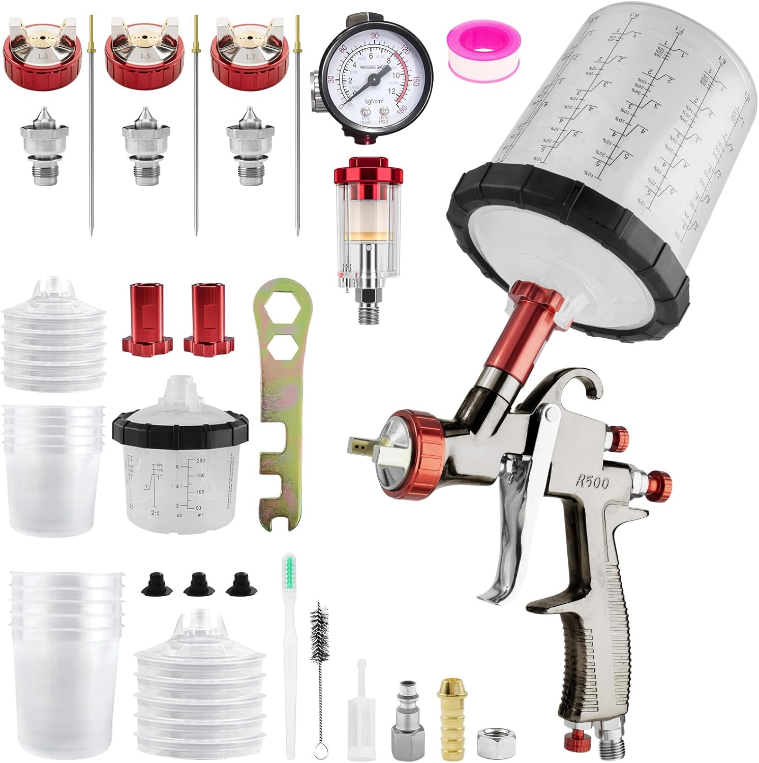 LVLP Automotive Paint Spray Gun R500 Kit, 1.3/1.5/1.7mm Nozzles LVLP Spray Gun with 650ml/200ml Mixing Cup & 10x Disposable Cups& Air Regulator Set, for House Painting, Car, Furniture, Fence