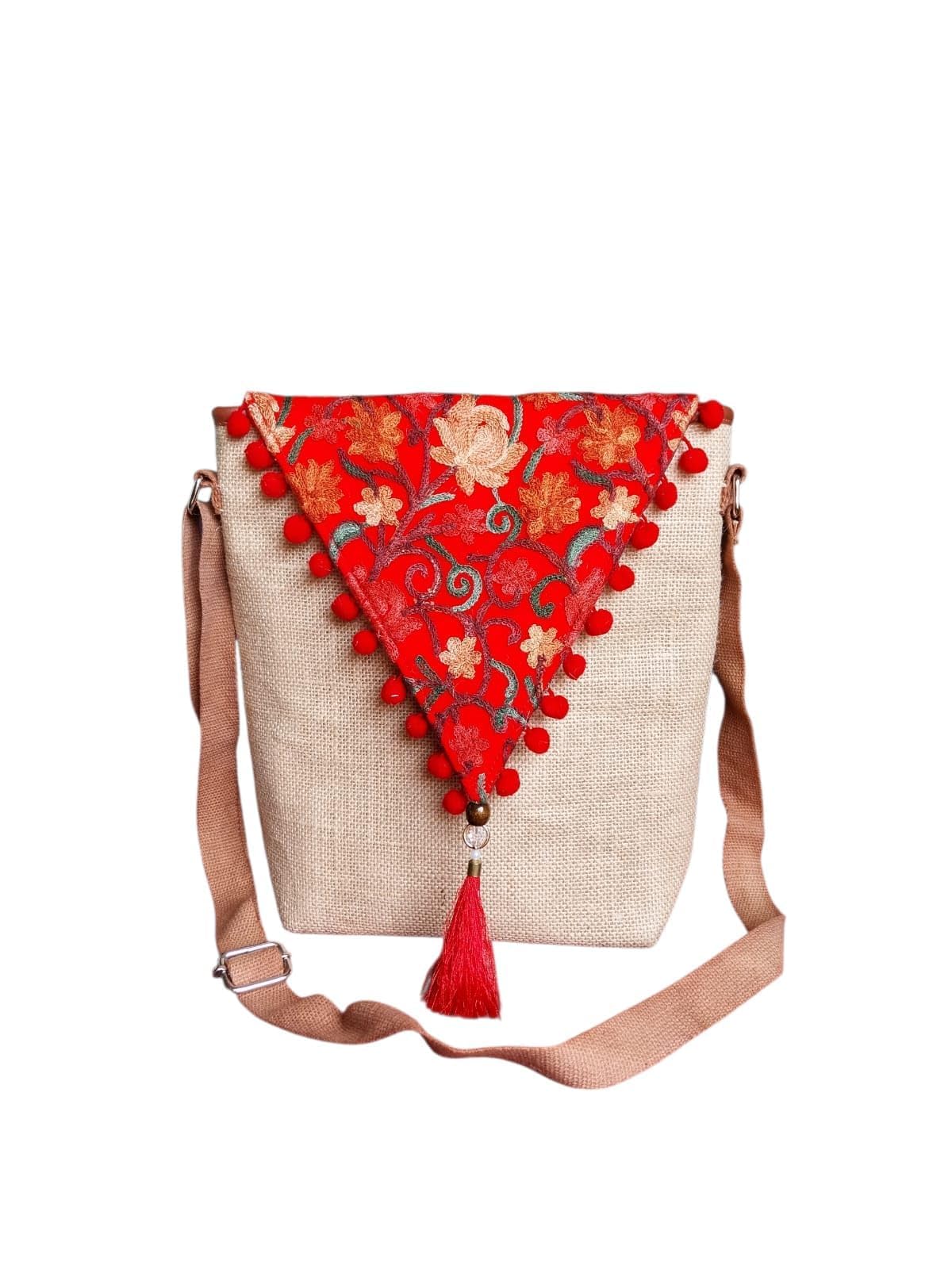 tierra Stylish Crossbody Jute Sling Bag for Ladies Girls Women | 3 Spacious Zipper Compartments | Adjustable Shoulder Strap | Kashmiri Embroidery Purse | Ladies Purse Handbags | 11X12 inches-picture-10