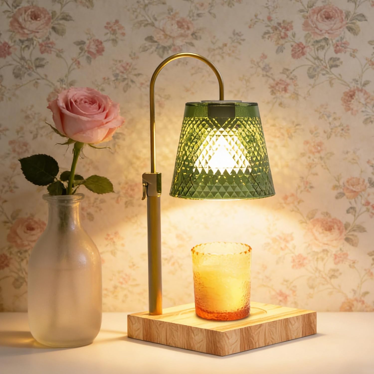 Masmejor 50W Candle Warmer Lamp with Timer & Dimmer - Electric Wax Melt Warmer, Adjustable Height, Wood Base, 2 Bulbs, Gift Packaging for Christmas, Birthday, Home Decor, Mother's Day, Bedroom(Green)