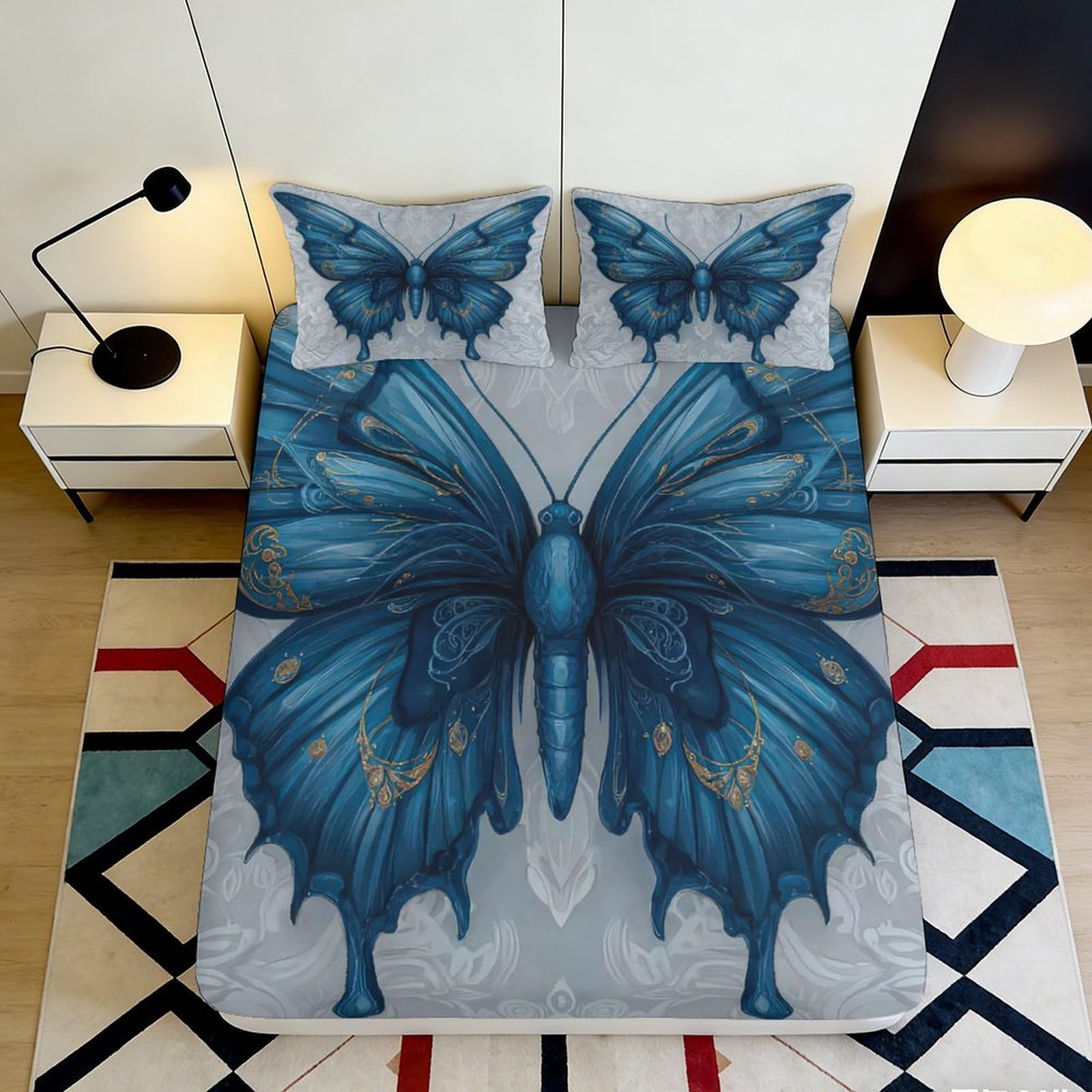 Pnayamiorkfel Style-5 3D Printed Blue Butterfly Fitted Sheet Microfiber Soft Breathable Artistic Bed Cover For Bedroom Dorm Mattress Protection Decor 90X200x25cm