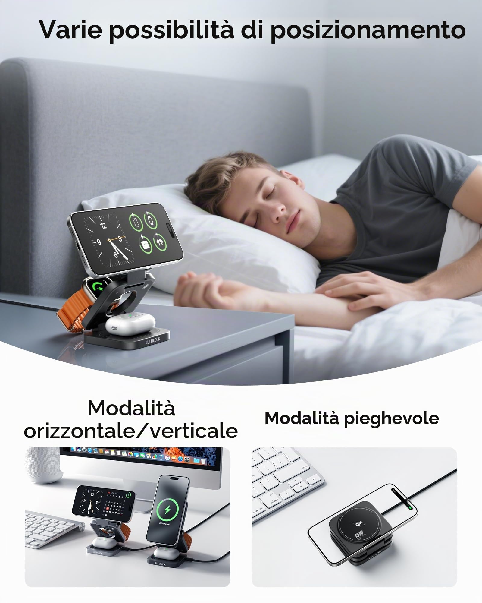 Stazione di Ricarica Qi 3 in 1 Apple con Made for Watch [MFi], Caricatore da Viaggio Pieghevole MagSafe 15 W Compatibile per iPhone 17 Pro Max/17 Air/17 Pro/17, Caricatore 5 W per Apple Watch 11