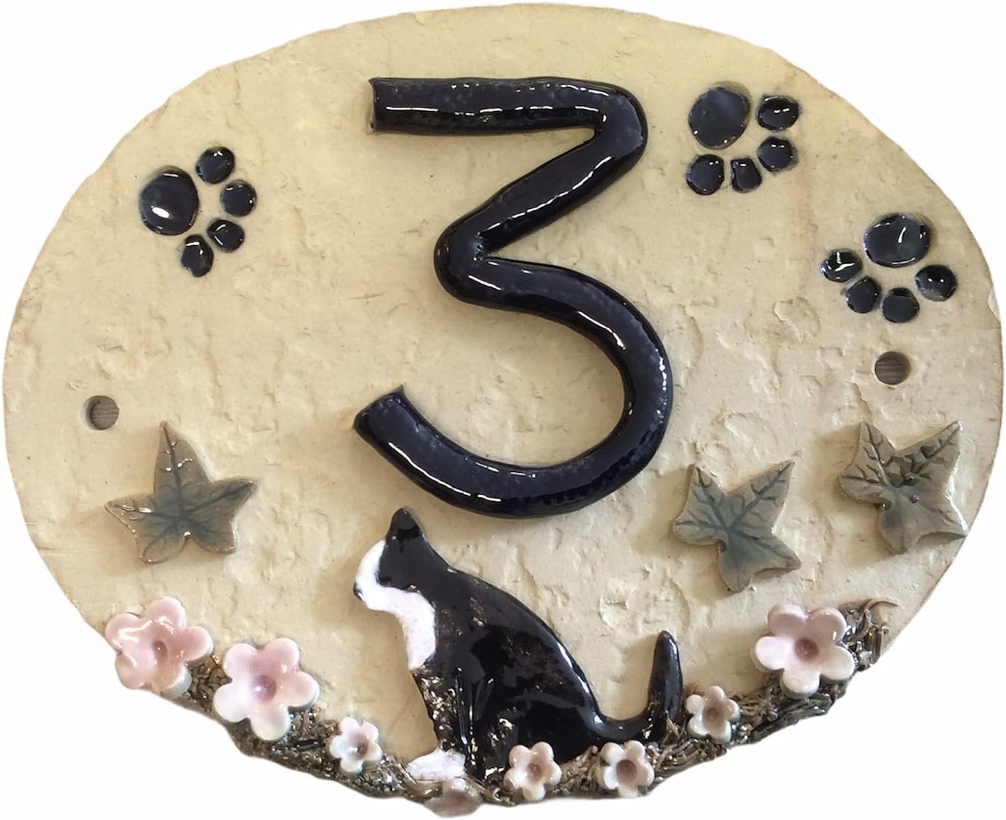 House number plaque/LUCKY BLACK CAT DESIGN/Ceramic house sign / 8.5 x 7 INCHES/OVAL DOOR NUMBER