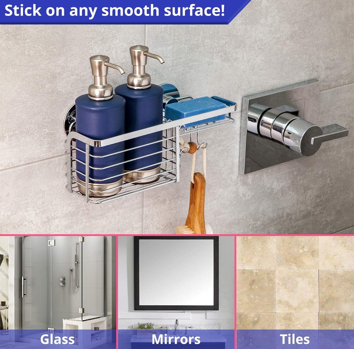 HOME SO Shower Basket Caddy with Suction Cup Holder - Bathroom Tray Hanger for Soap Bars, Sponges, Shampoo, Loofah - Stainless Steel, Chrome…