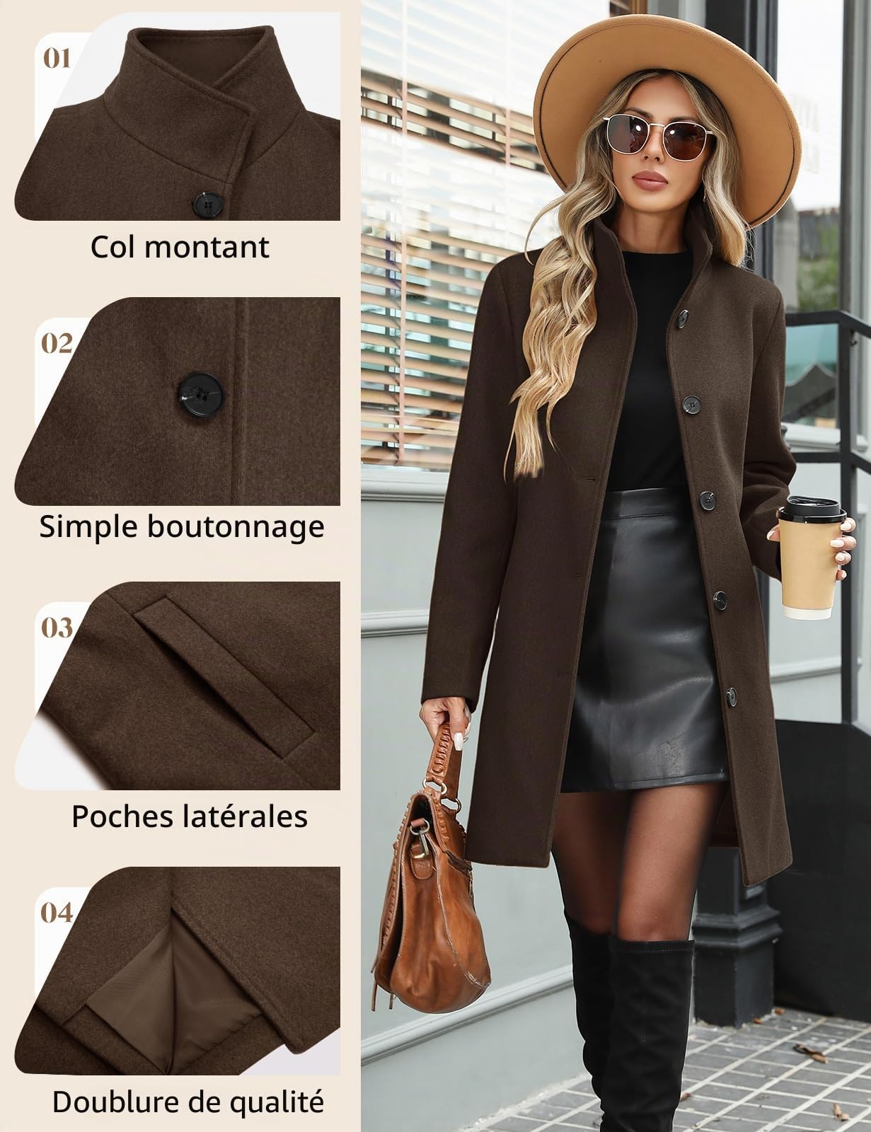 Manteau Femme Hiver Élégant Veste Longue Manteau d'hiver à Revers Trench-Coat Boutonnage Chic Manteaux Chaud Jacket avec Poches