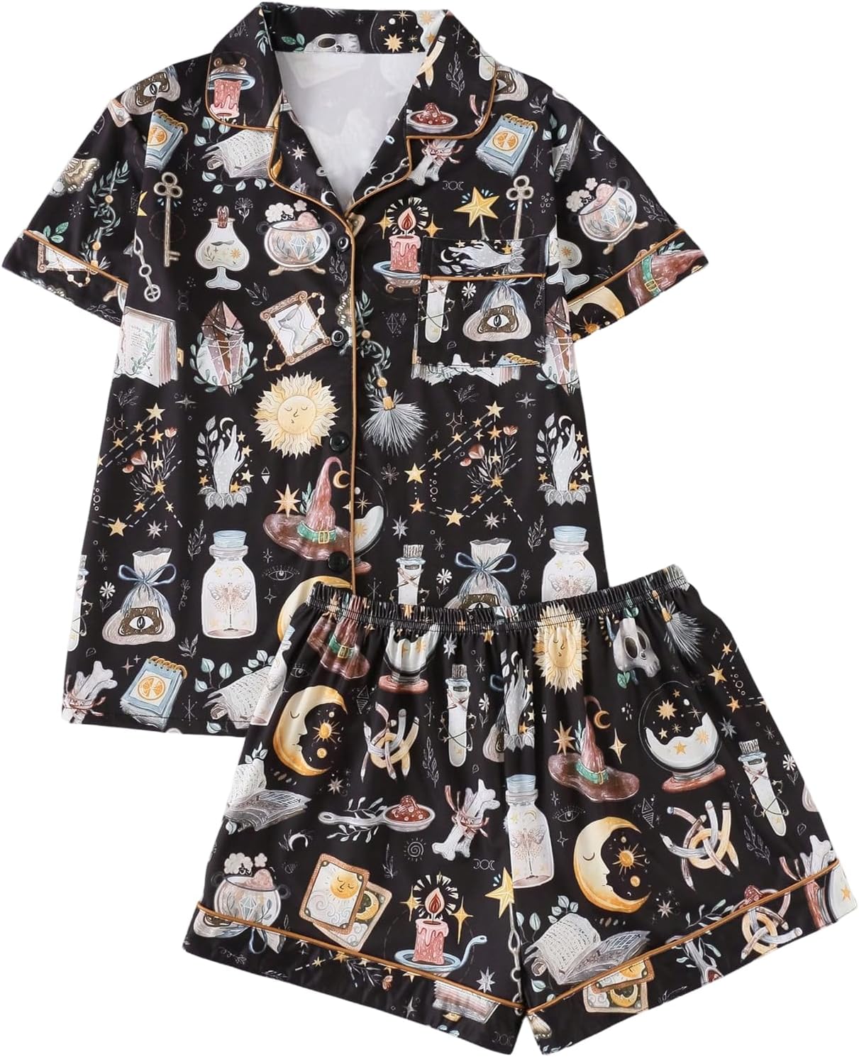 SOLY HUX Women's Pajama Set Cute Print Sleepwear Button Down Short Sleeve Shirt and Shorts Sets Loungewear