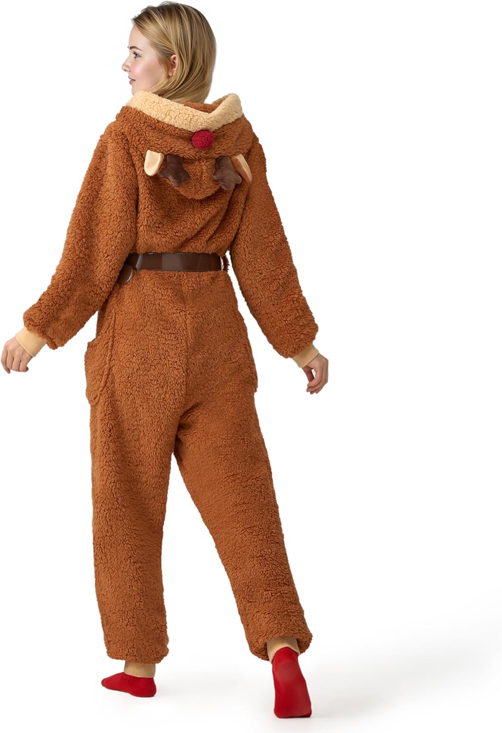 Giggling Getup Adult Womens Christmas Pajamas, Sherpa Fleece Pajamas Women, Reindeer Hoody Holiday Jumpsuit