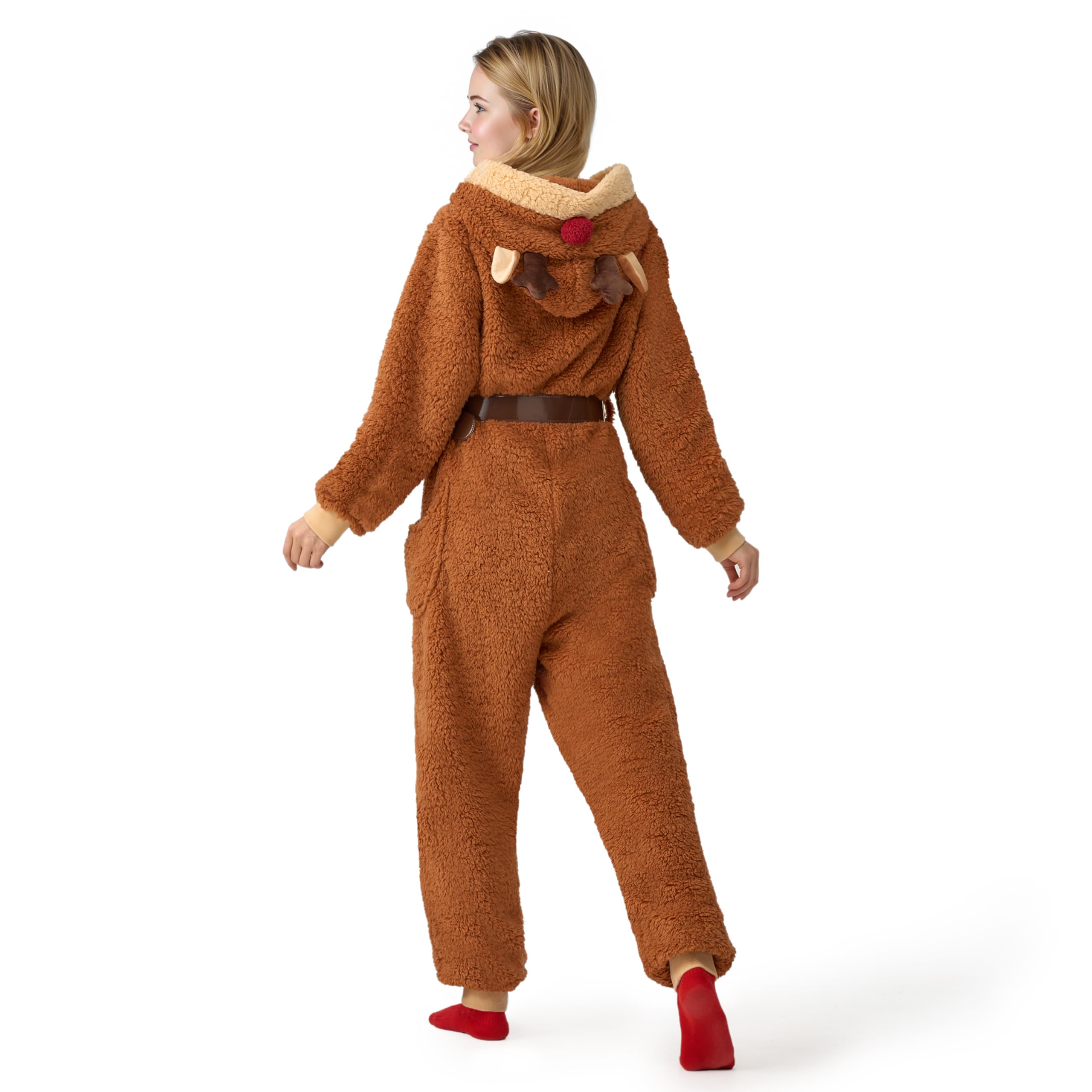 Giggling Getup Pyjama de Noël à capuche pour femme, pyjama d'hiver une pièce pour adulte, marron, X-Large