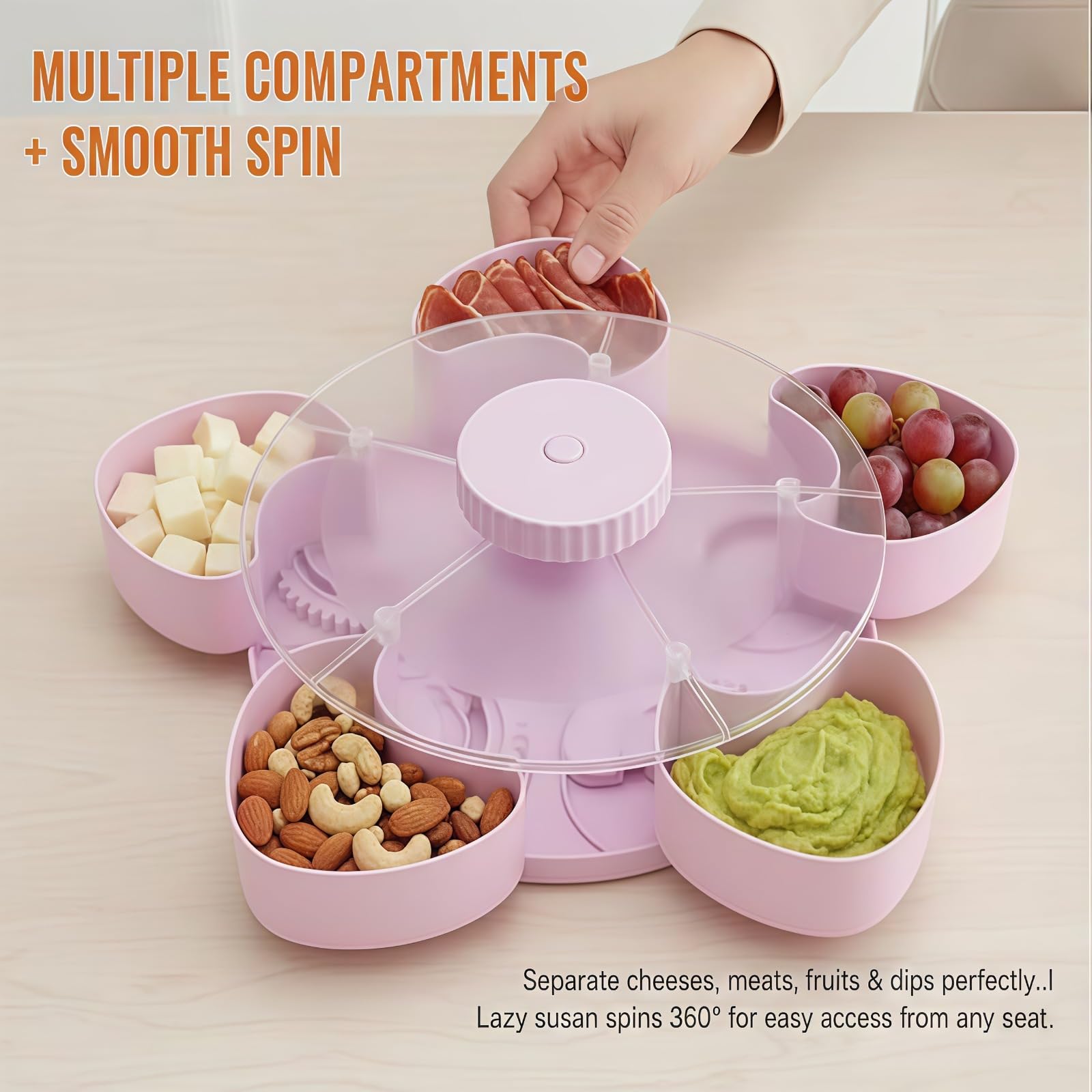 Divided Spin & Snack Serving Tray,5 Compartment Rotating Party Platter, Rotating Snack Box Container with Lid,Covered Snack Storage for Chips Nuts Dips Veggies,for Kitchen,Travel and Picnic
