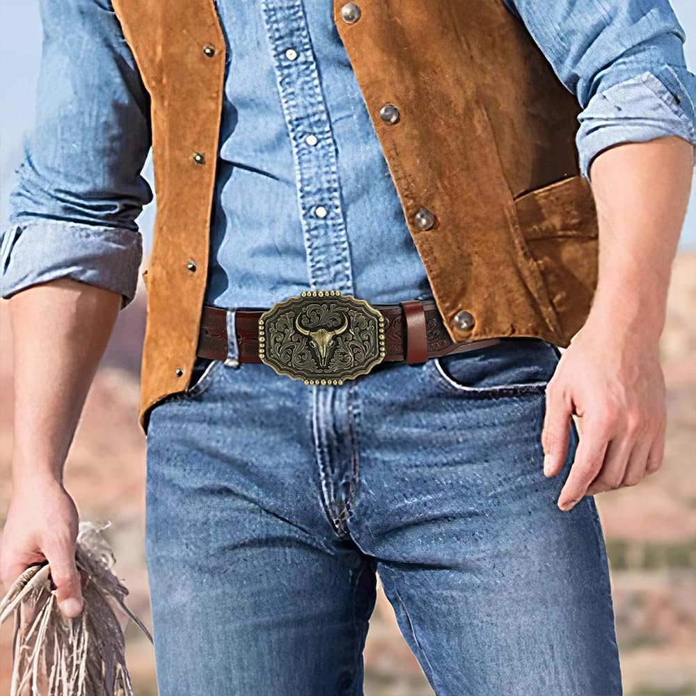 DOOPAI Men's Western Cowboy Belt – Longhorn Bull Pattern Buckle with Printed Engraving, Adjustable Strap, Fits Jeans - Image 6