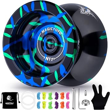 MAGICYOYO N11 Professional Non-Reactive Yoyo N11 Dual Purpose Alloy Trick Yoyo Ball with Bag, Gloves, 12 Strings, Responsive Bearing Kit Black Blue Green
