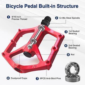 Mountain Bike Pedals, Road MTB Flat Pedals, Non-Slip Lightweight Aluminum Alloy Bicycle Pedals, Fits 9/16 Road Mountain BMX MTB Bike Pedal