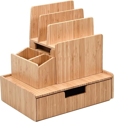 Miniatura 2 de MobileVision El juego completo de organizador de oficina de bambú incluye estación de carga, soporte para lápices y bolígrafos con bandeja para bloc
