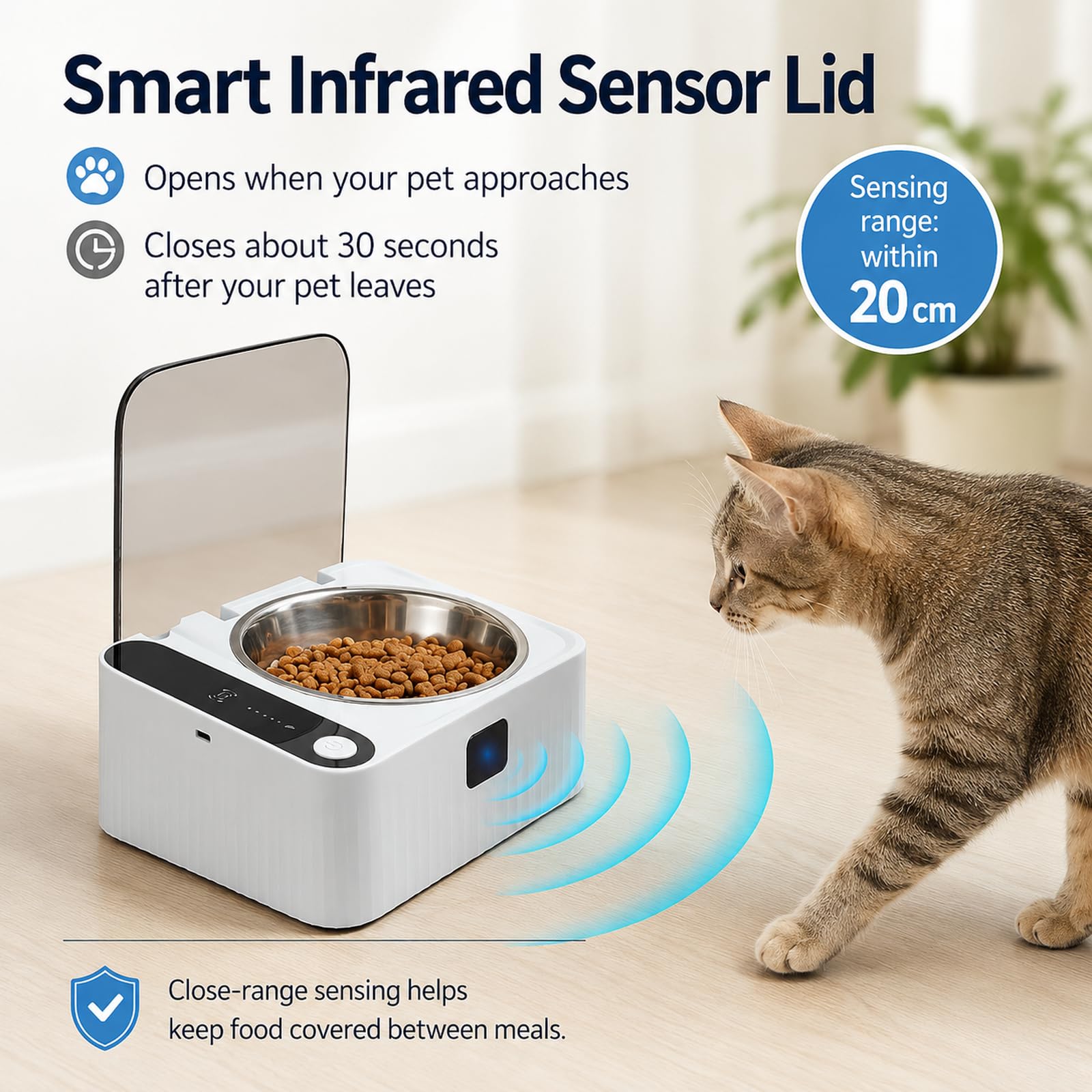Automatischer Futternapf für Katzen, 350 ml Smart Cat Futternapf mit Infrarot-Sensor-Deckel, 2000 mAh wiederaufladbarer Futternapf für Haustiere mit abnehmbarem 304 Edelstahlnapf für Nass- und