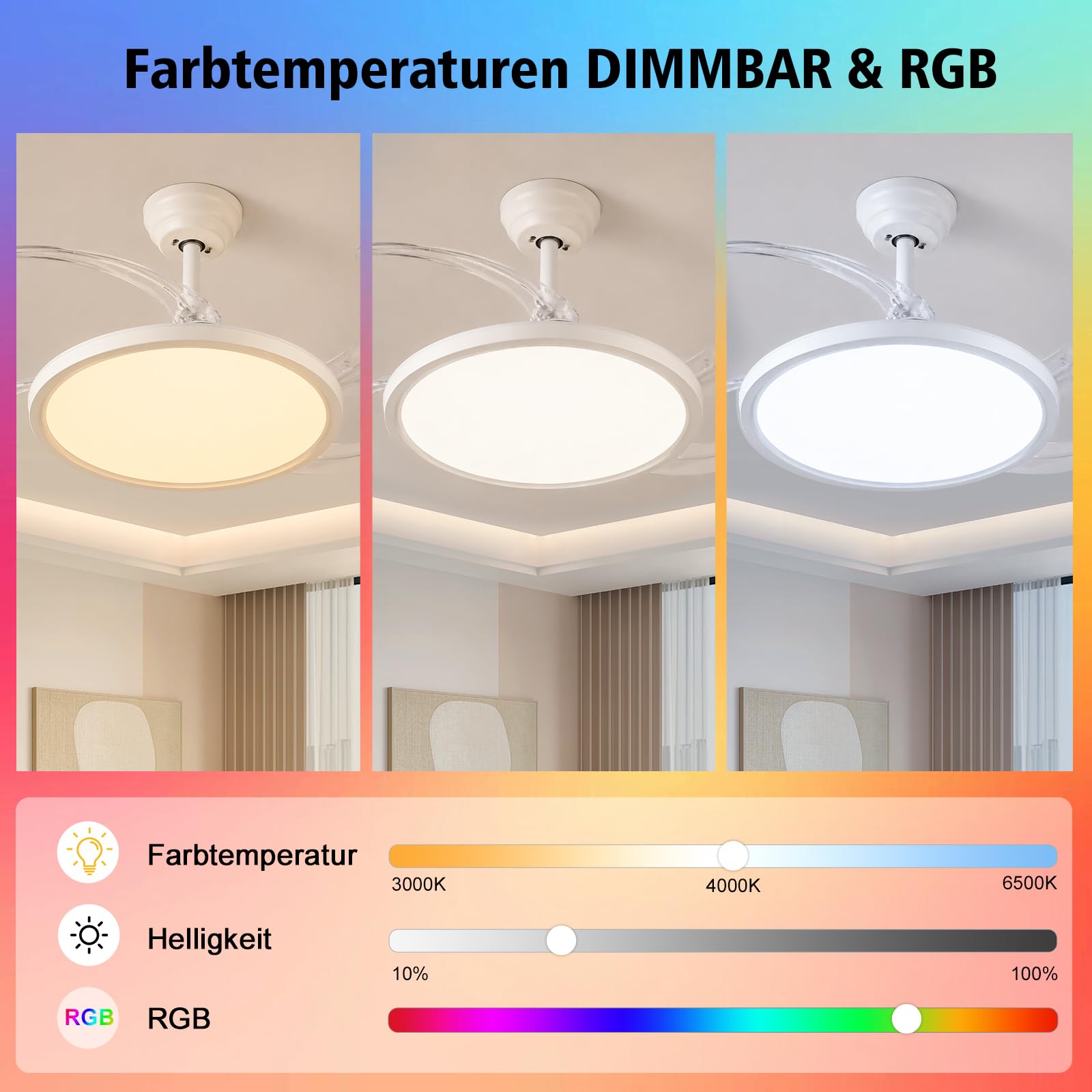Oraymin Einziehbar Deckenlampe mit Ventilator 50CM, Reversible Ventilator mit RGB Backlicht, Fernbedienung und APP Steuerung