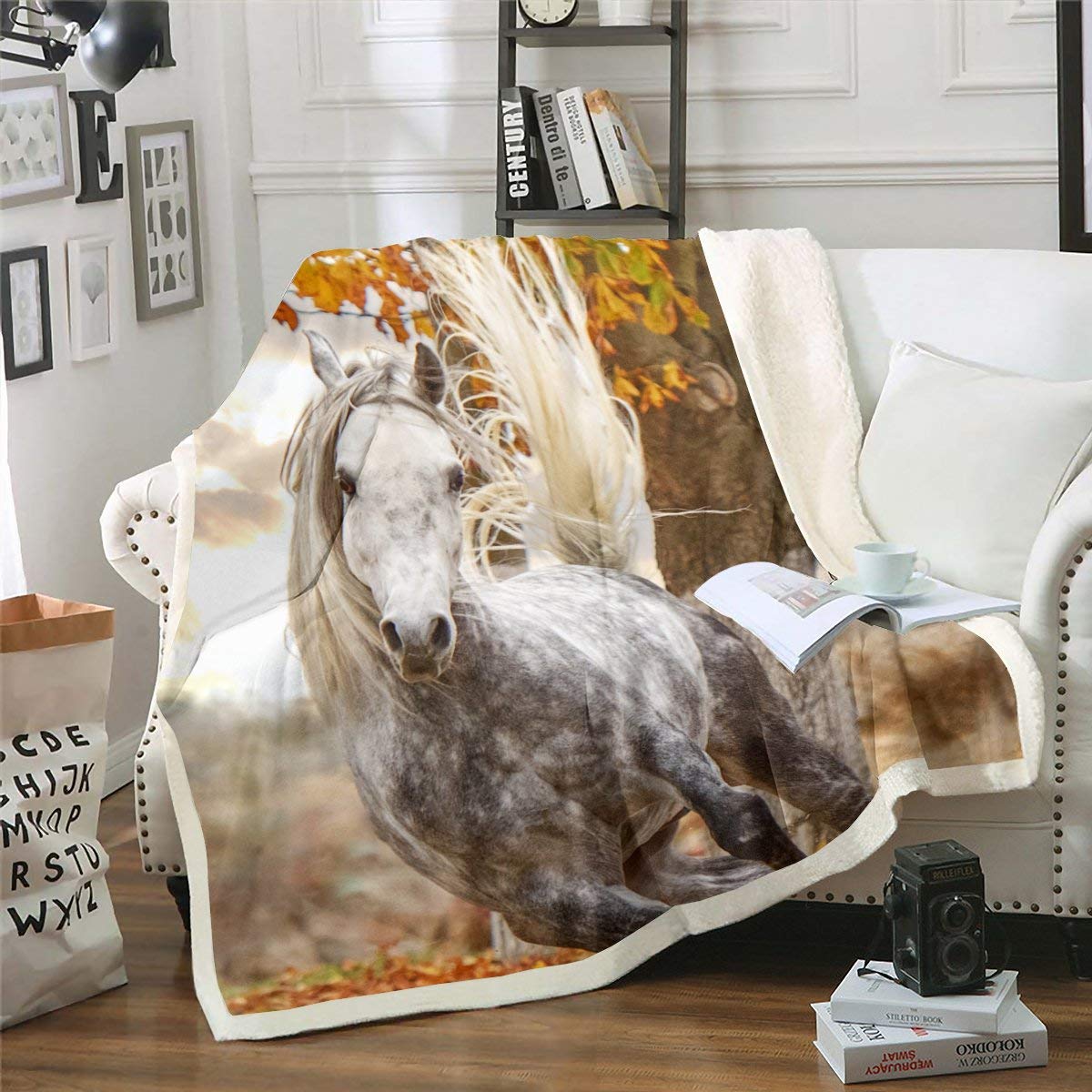 Manta de forro polar de caballo, manta de felpa de caballo galopante para cama, sofá, decoración de estilo de vida silvestre, Sherpa, transpirable, cálida y mullida, decoración de habitación, tamaño