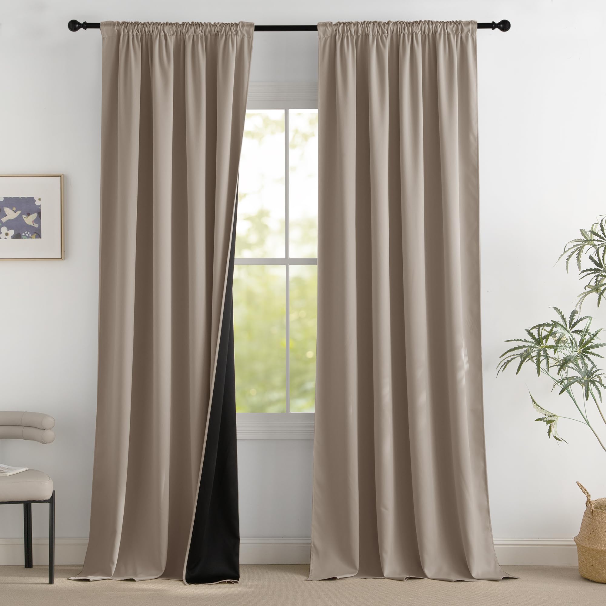 PONY DANCE Verdunklungsvorhänge für Schienen Gardinen Wärmeisolierend | 2er Set H 245 x B 140 cm, Sandfarben, Thermovorhänge Hitzeschutz, für Wohnzimmer, 100% Blickdicht, mit Kräuselband