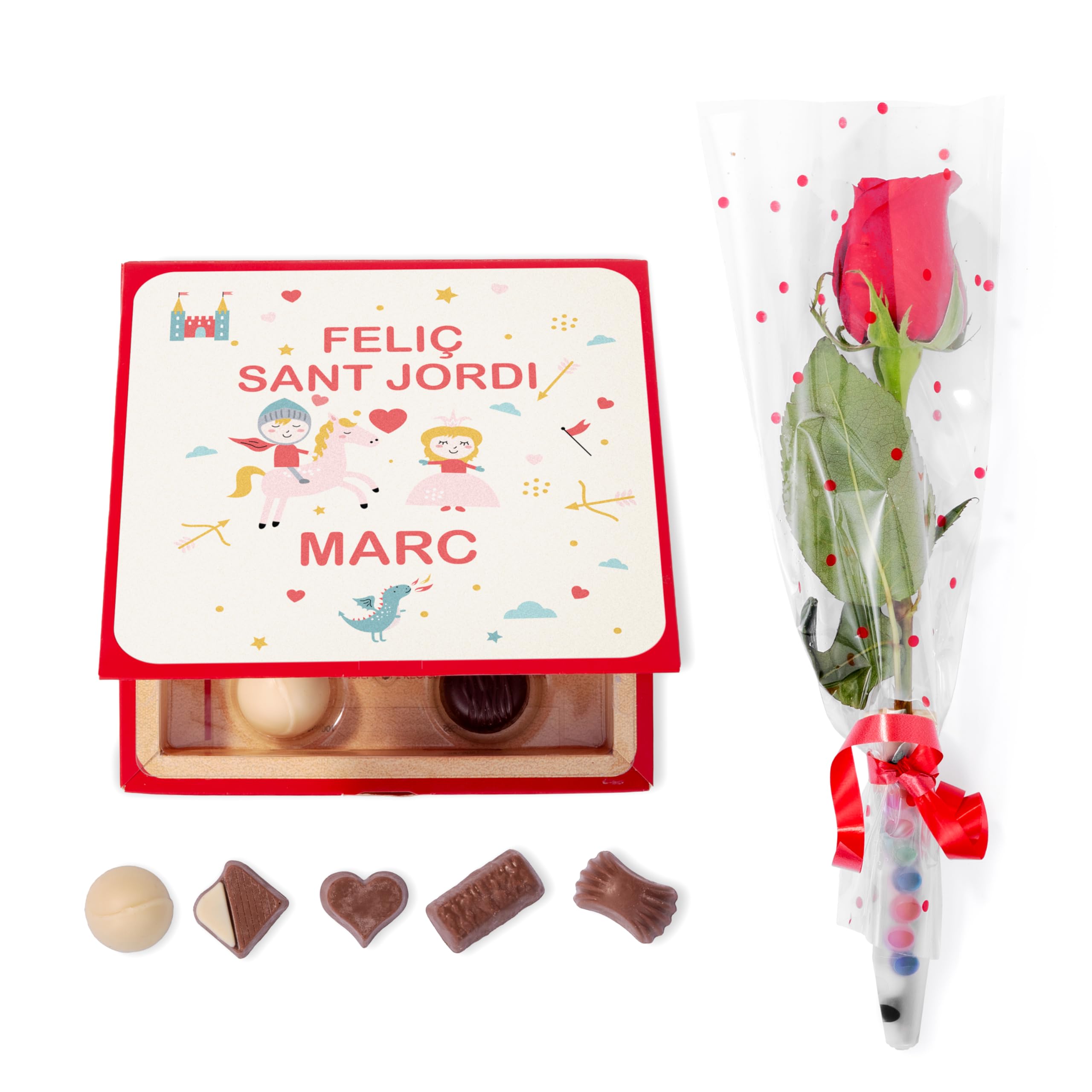 Made In Gift - Pack Sant Jordi Rosa y Bombones Personalizado con Nombre – Regalo Romántico “Te Voy a Comer a Versos” – Detalle Original con Chocolate para Pareja 23 Abril (Feliz Sant Jordi)