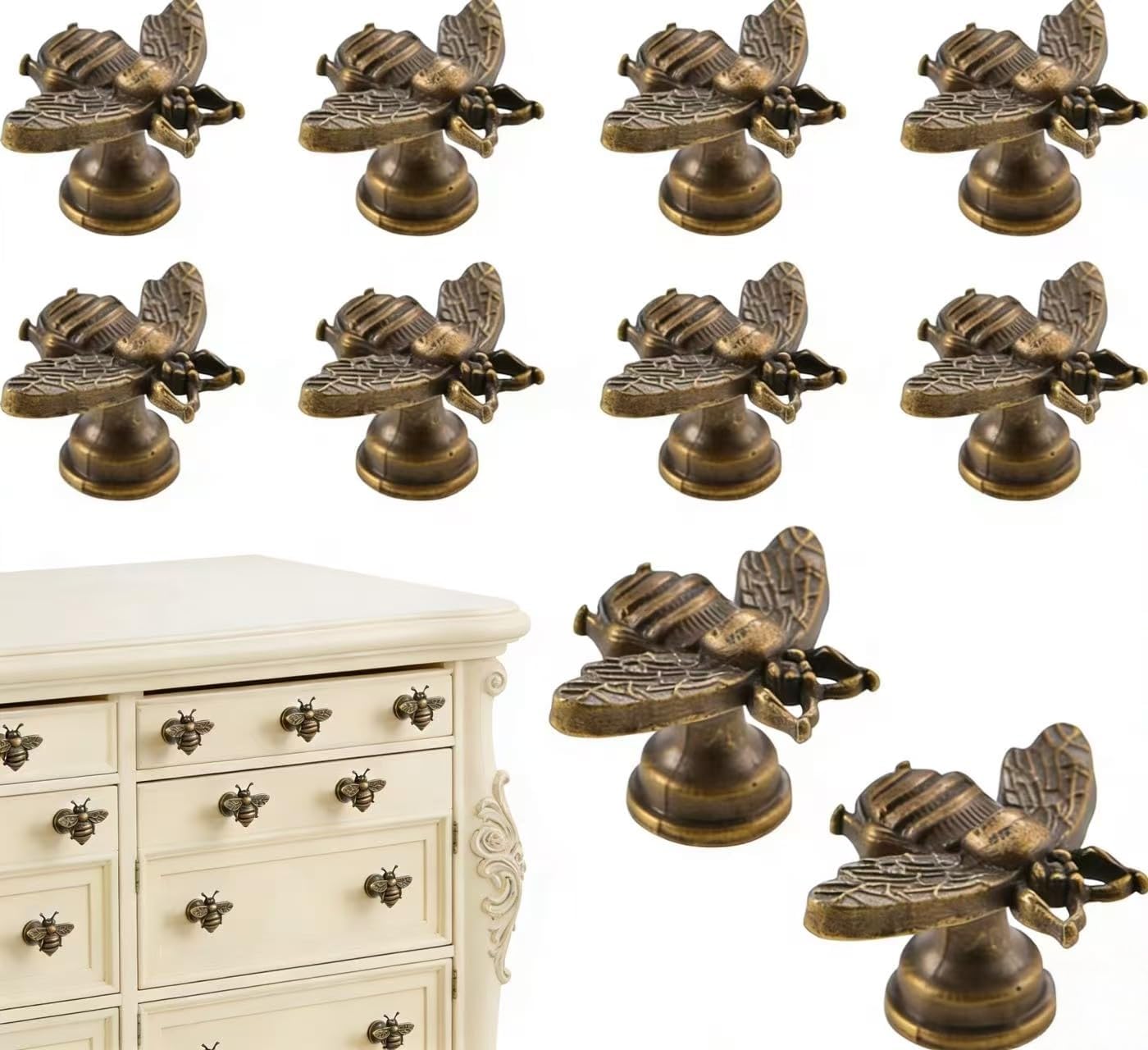 Set of 10 Vintage Gold Cabinet Knobs, Bee Shape Hardware Knobs for Cabinets, Knobs Pull Handle Cabinet Drawer Knobs for Dresser Drawers