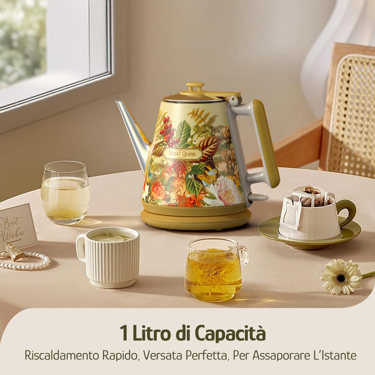 Hazel Quinn × Eduardo Recife Mini Bollitore Elettrico 1 L, Inox, Floreale | Bollitura Rapida 1360 W, Inox, Senza BPA, Doppia Parete Fredda al Tatto, Senza Fili, Autospegnimento, Beccuccio a Collo d'Oca