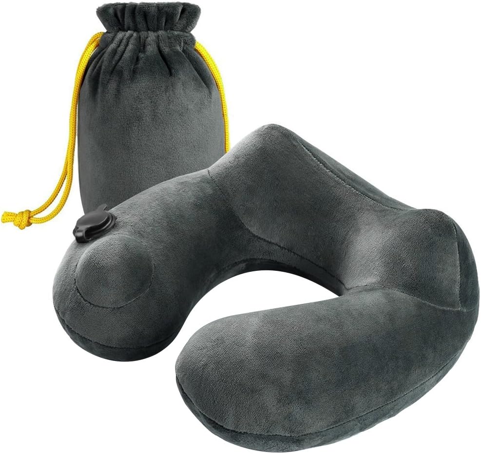 LASCOTON Travel Pillow Luxuriously Soft Inflatable Neck Pillow Support-Compact & Lightweight for Sleeping on Airplane, Car, and Train Carrying Bag-Soft & Ergonomic One Size Design (Grey)