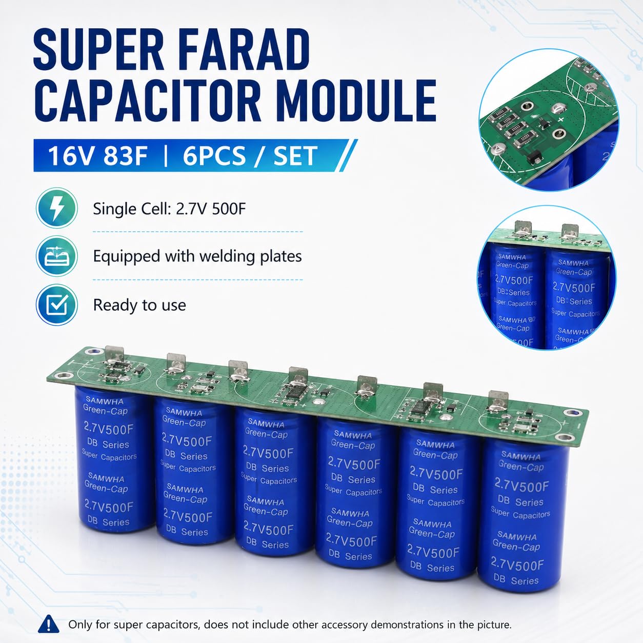Supercondensatore 16V 83F, 6 Pezzi Pacco Condensatori a Fila Singola, Singola 2.7V 500F, Super Condensatore Farad Condensatori Elettrolitici per Auto