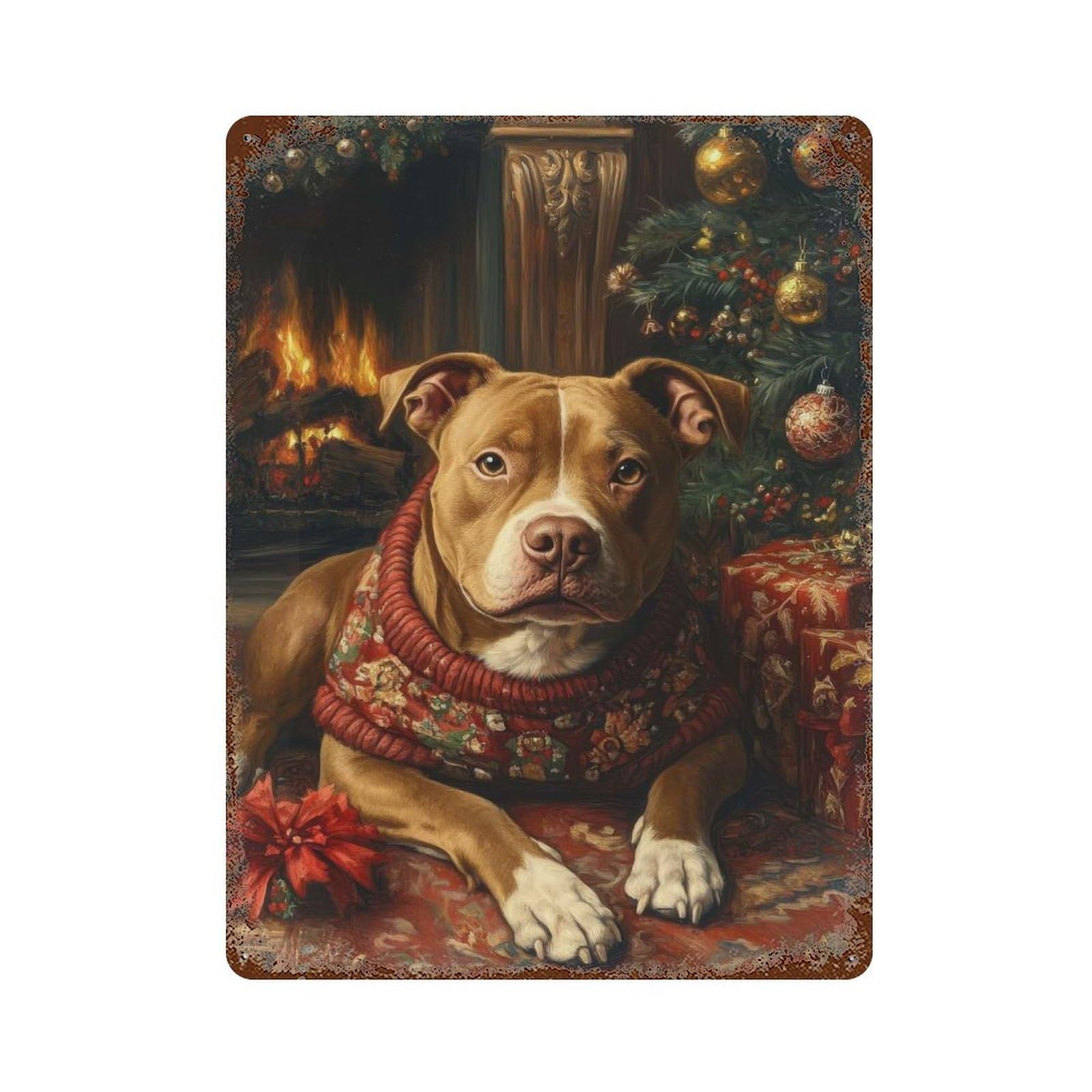 Vintage Rust Metal Sign with Dog in Christmas Sweater Pitbull Christmas Wall Art Design 15.7"x11.8", for Shed, Workshop And Garage Wall Decor, Classic Wall Plaque