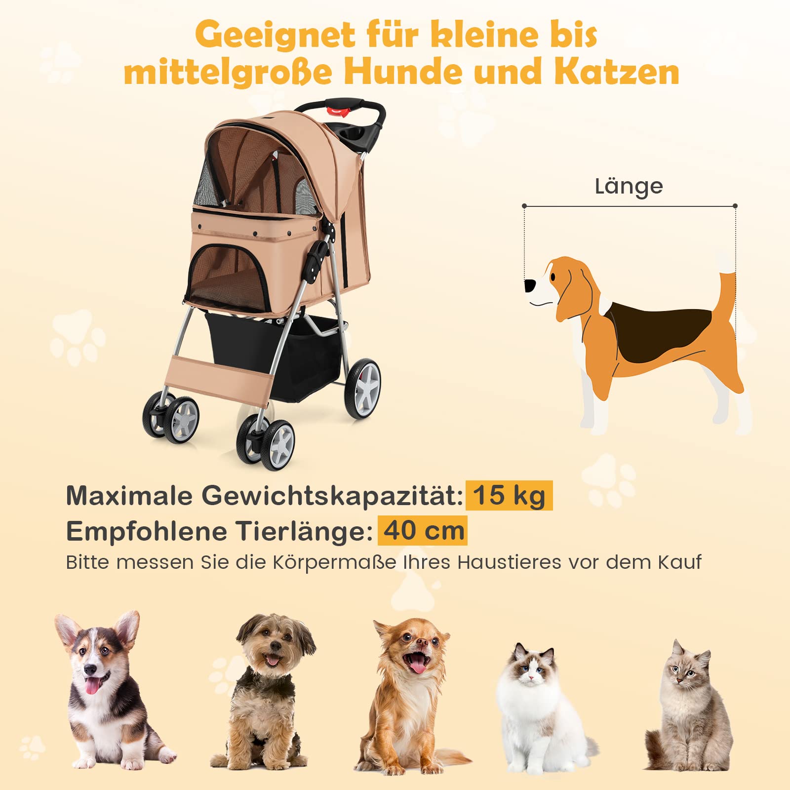 COSTWAY Hundewagen Haustiere Buggy, bis 15 kg, Hundebuggy mit Netzfenstern & Getränkehalter & Korb & Sonnenschutz, Faltbarer Katzenwagen, Katzenbuggy für kleine Hunde Katzen (Beige)