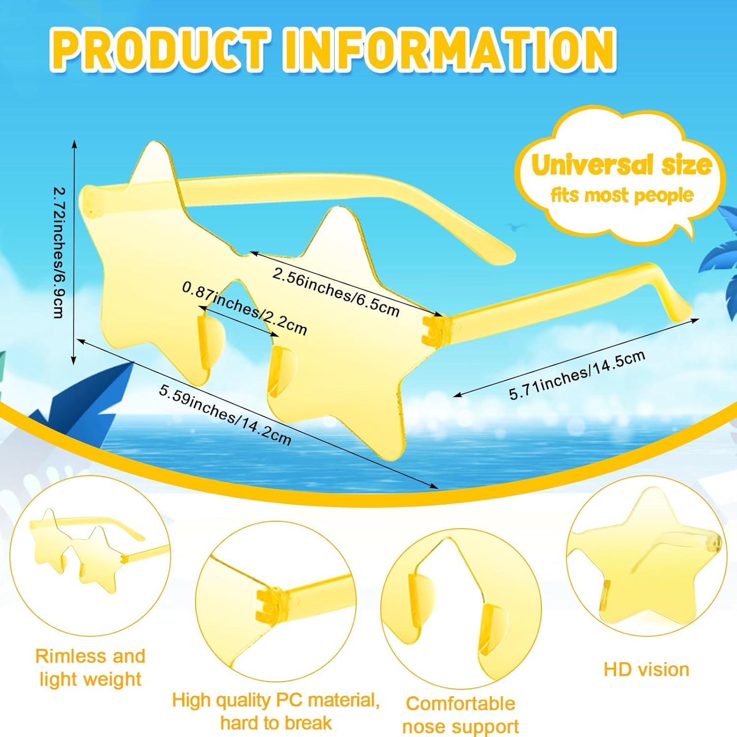 10/20/30/40 Pack Star Sunglasses Rimless Transparent Pentagram Shaped Sunglasses Bulk Party Favor Glasses for Women (20, Yellow) - Image 2