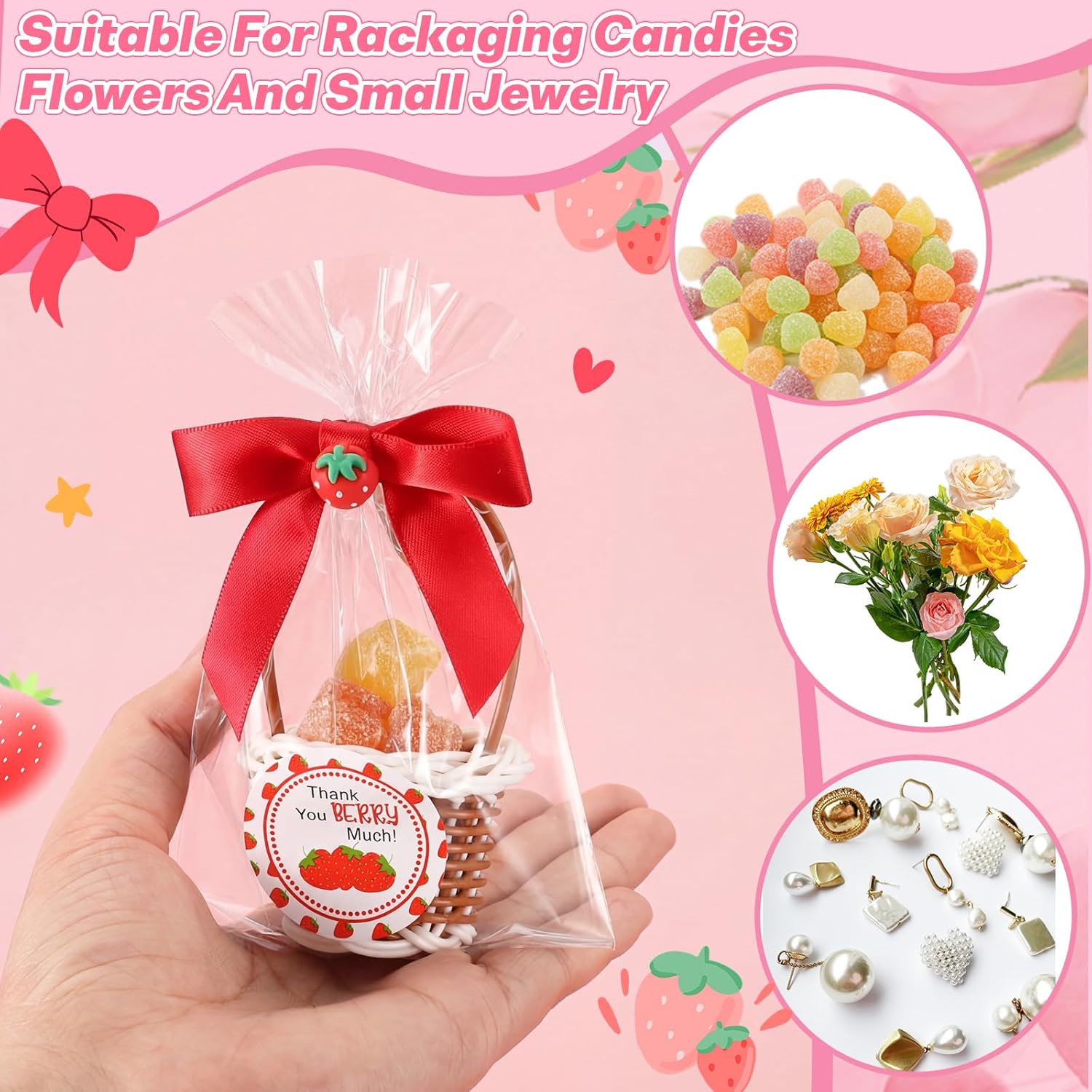 LemonRoad 24 Pcs Strawberry Baby Shower Favors Shortcake Easter Basket Party Decorations Mini Woven Basket with Handle for Flower Fruit Picnic Includes Bow Ribbon Thank You Stickers Opp Bags