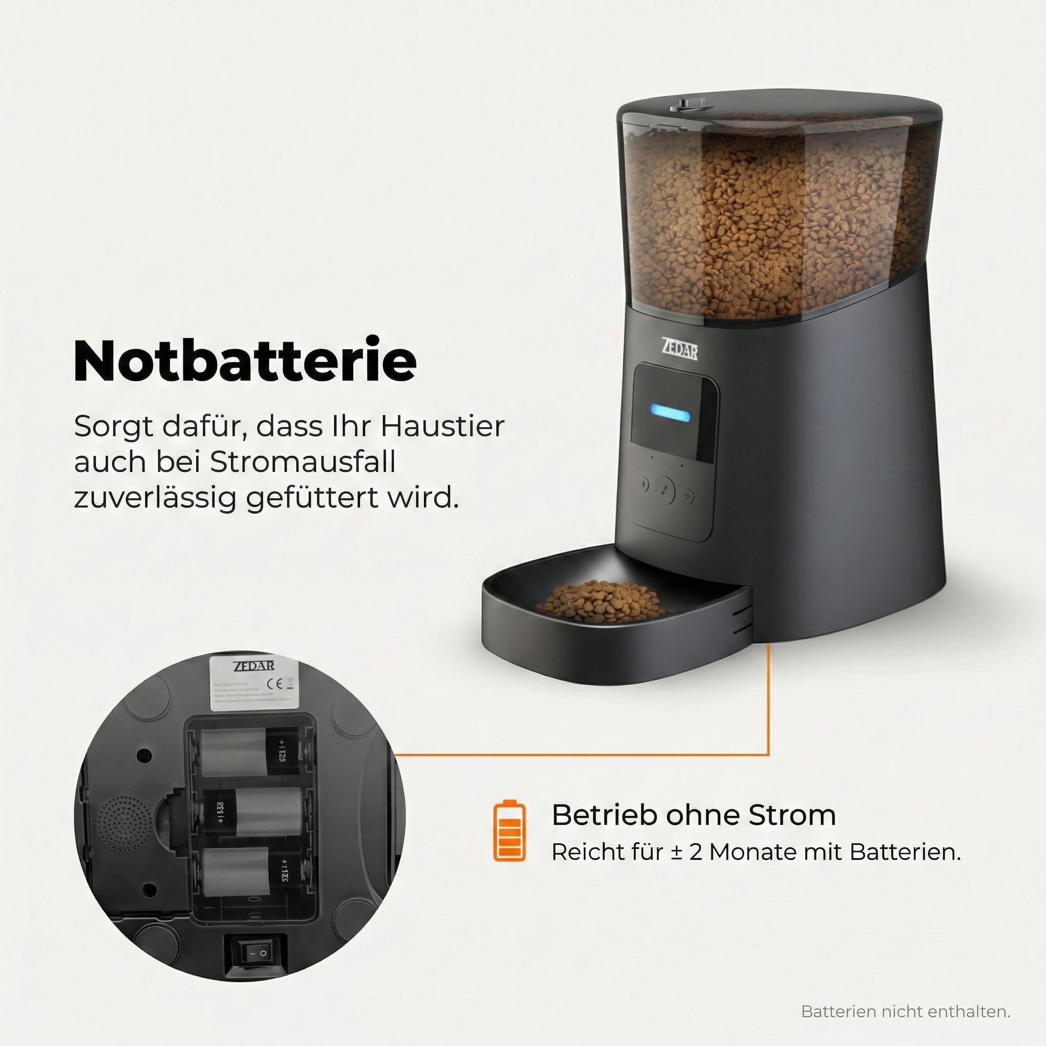 Futterautomat Katze - Edelstahl napf - 6 Liter - mit APP Steuerung - Automatischer Futterspender für Trockenfutter - Design für Katzen & Hunde - Schwarz - Zedar A600