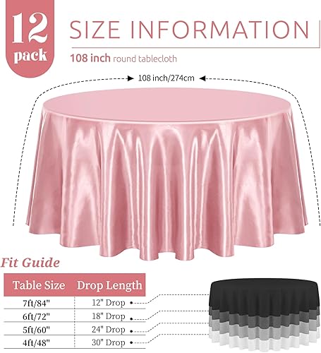 Miniatura 2 de Paquete de 12 manteles redondos de 108 pulgadas, mantel de tela satinada color oro rosa para mesas redondas, resistente a las arrugas, lavable,