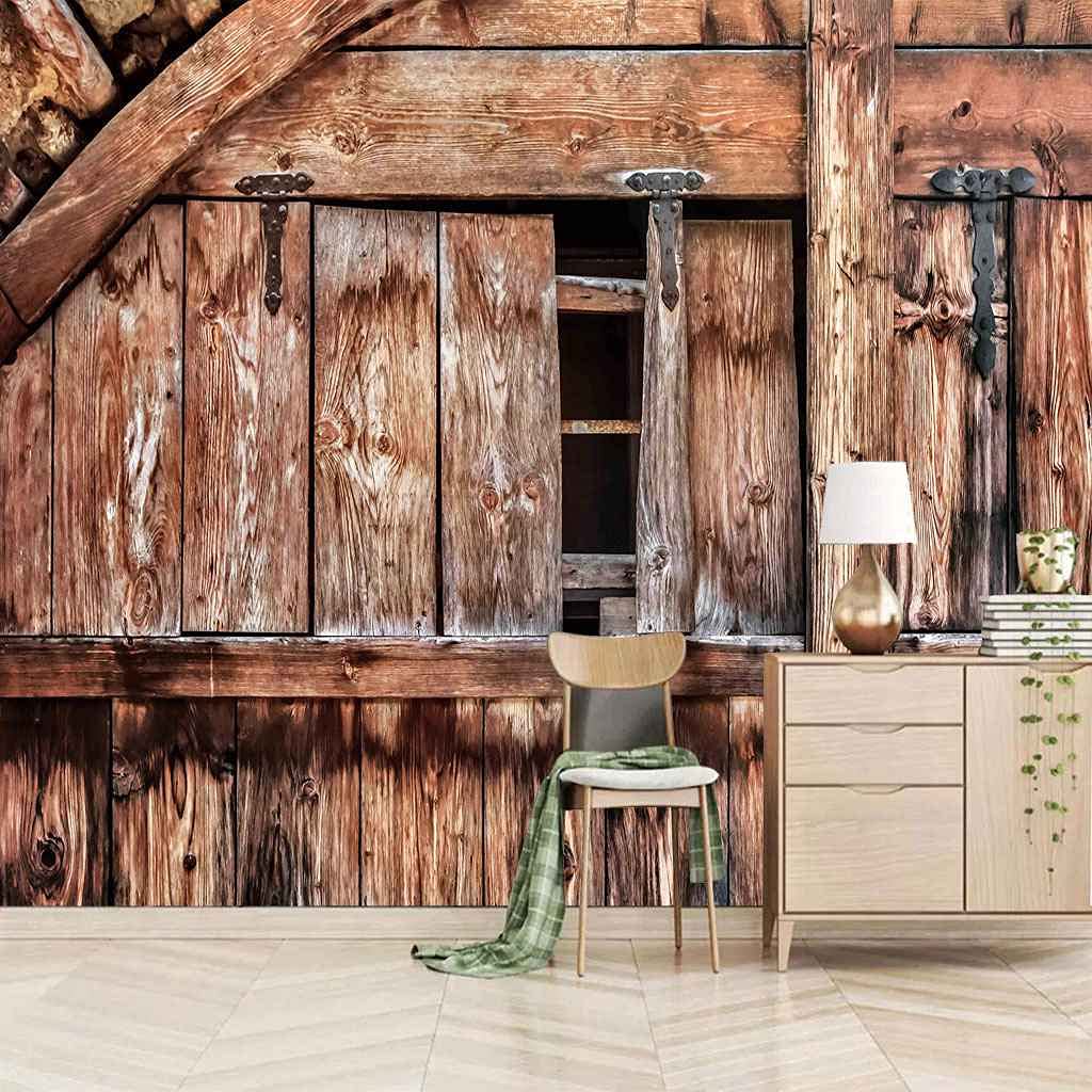 Papier peint panoramique salon effet vieilli bois vintage 350x256 cm